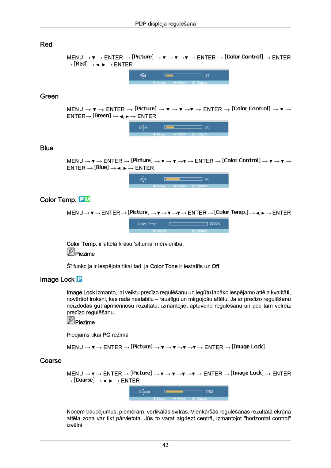 Samsung PH50KPPLBF/EN, PH63KPFLBF/EN manual Red, Green, Blue, Color Temp, Image Lock, Coarse 