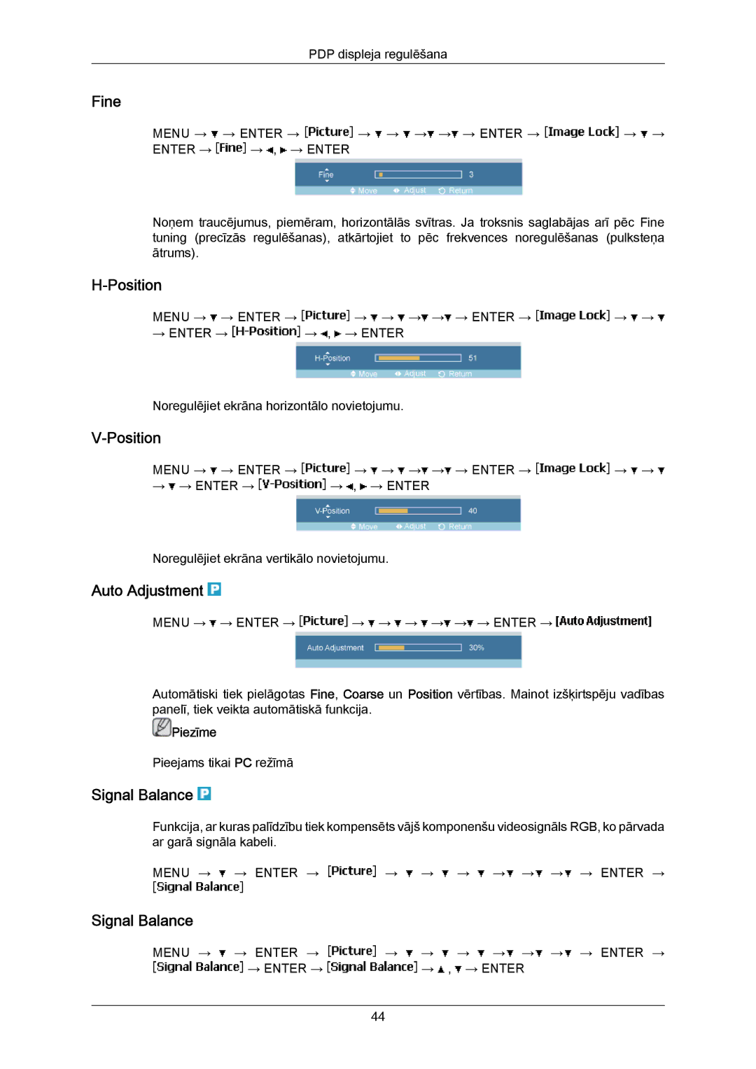 Samsung PH63KPFLBF/EN, PH50KPPLBF/EN manual Fine, ‐Position, Auto Adjustment, Signal Balance 