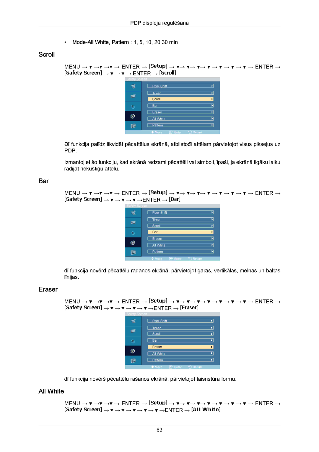 Samsung PH50KPPLBF/EN, PH63KPFLBF/EN manual Scroll, Bar, Eraser, Mode‐All White, Pattern 1, 5, 10, 20 30 min 