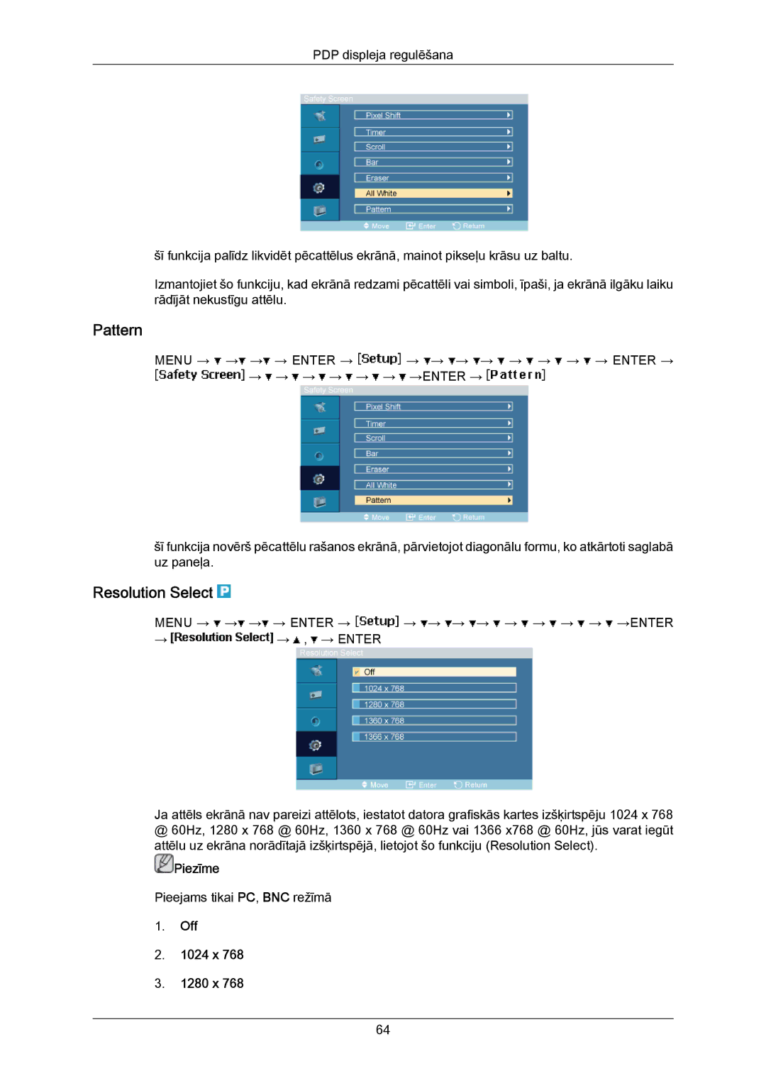 Samsung PH63KPFLBF/EN, PH50KPPLBF/EN manual Pattern, Resolution Select, Off 1024 x 1280 x 