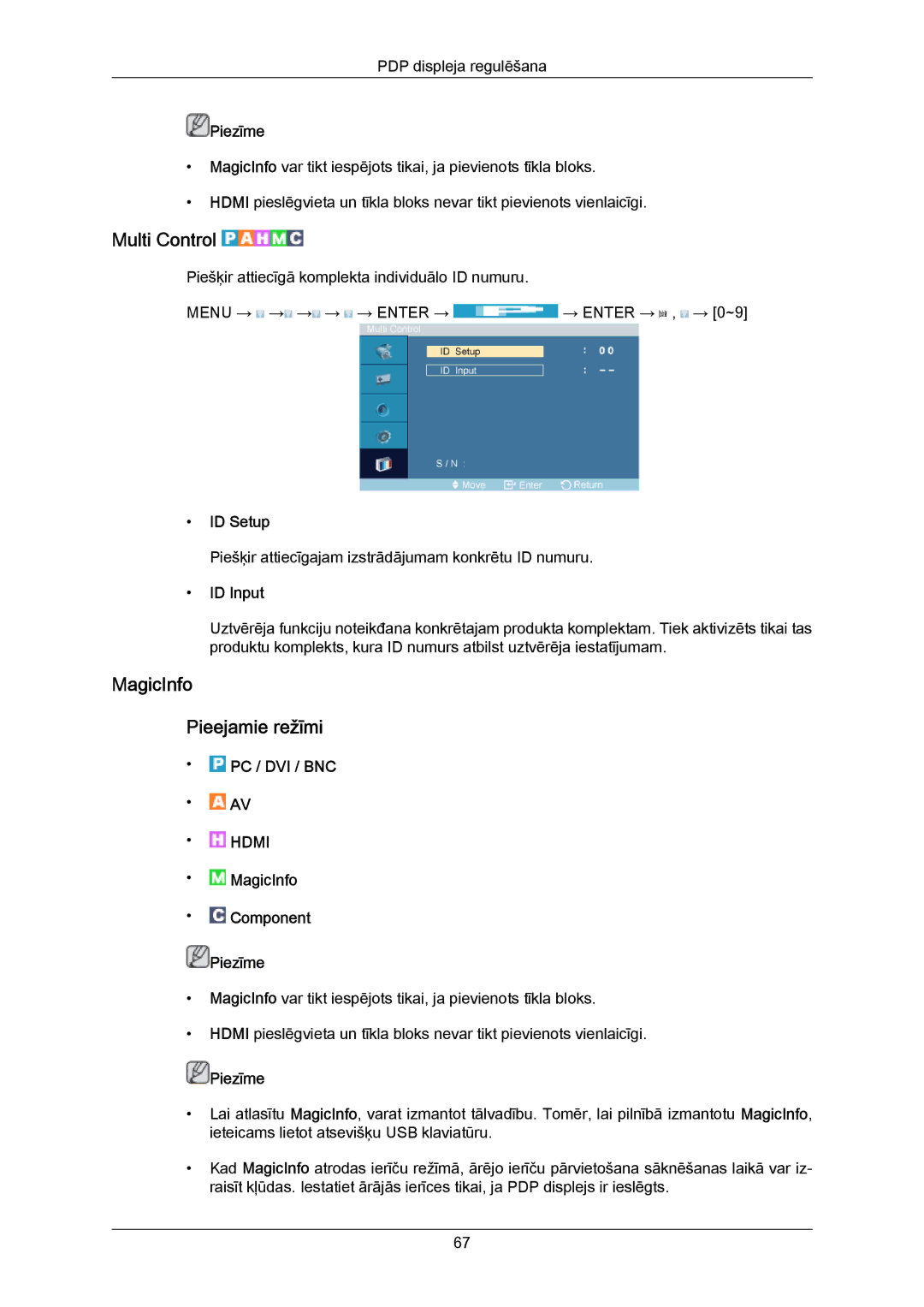 Samsung PH50KPPLBF/EN, PH63KPFLBF/EN manual Multi Control, MagicInfo Pieejamie režīmi, ID Setup, ID Input 