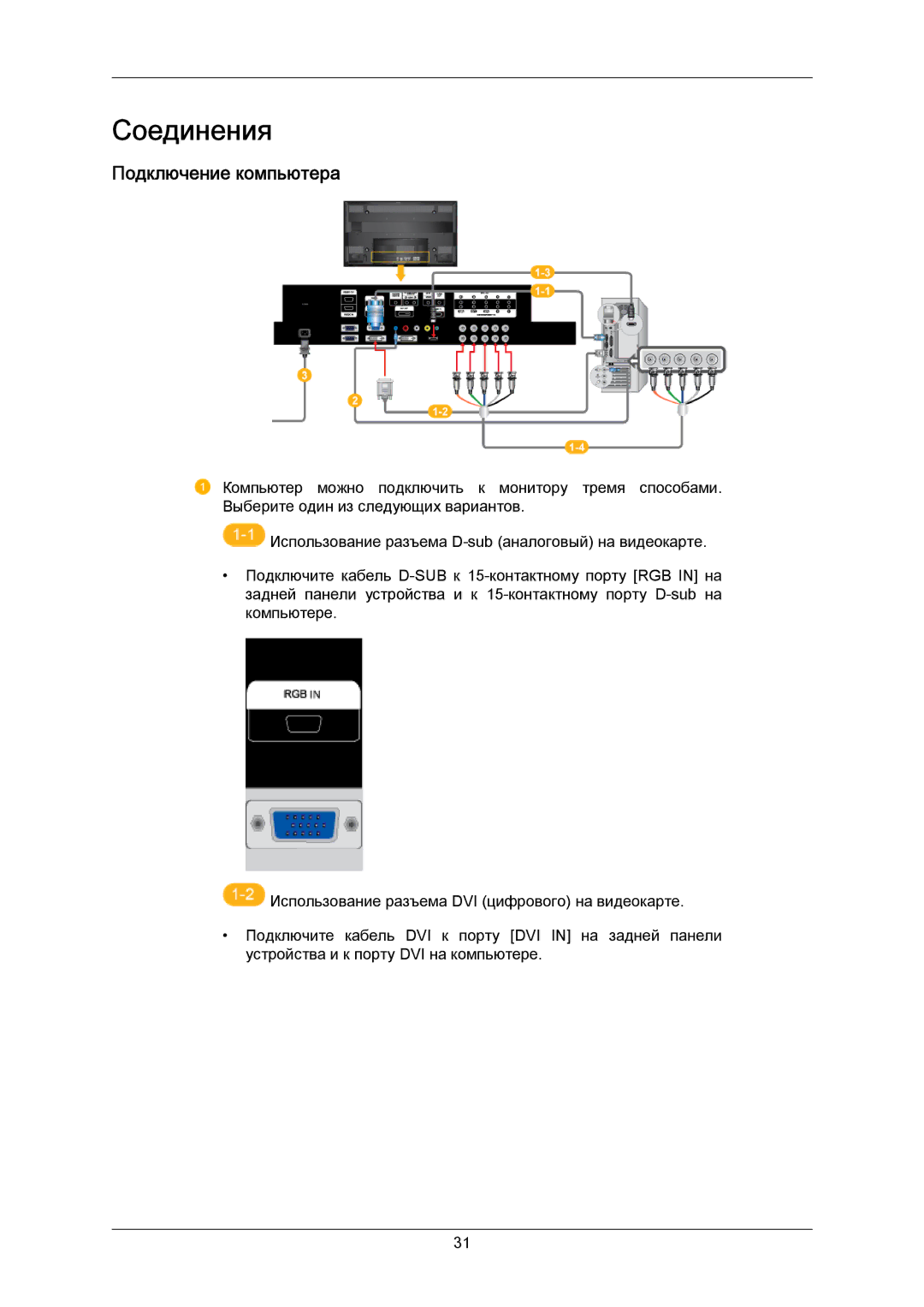 Samsung PH63KPFLBF/EN, PH50KPPLBF/EN manual Соединения, Подключение компьютера 