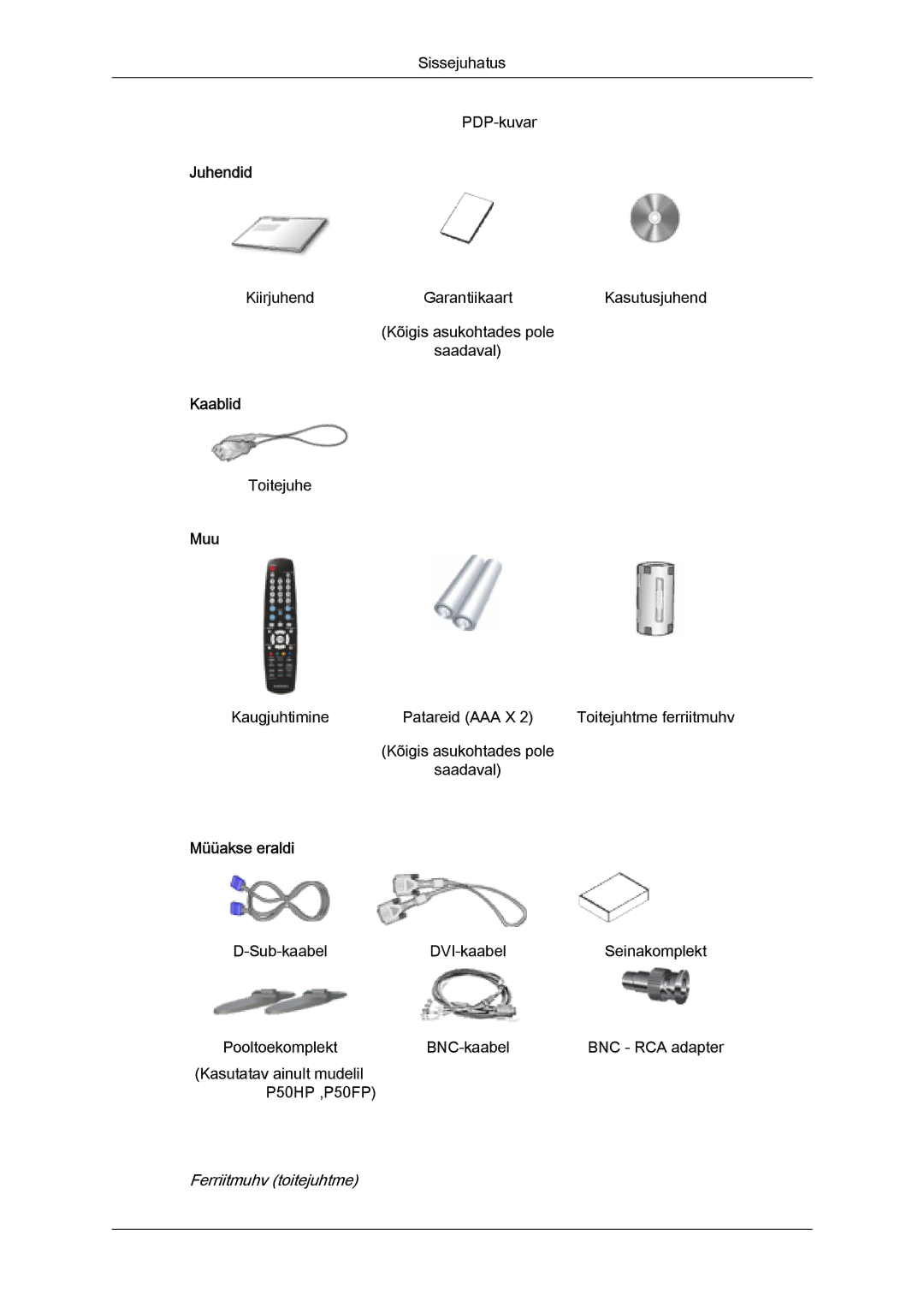 Samsung PH50KPPLBF/EN, PH63KPFLBF/EN manual Juhendid, Kaablid, Muu, Müüakse eraldi 