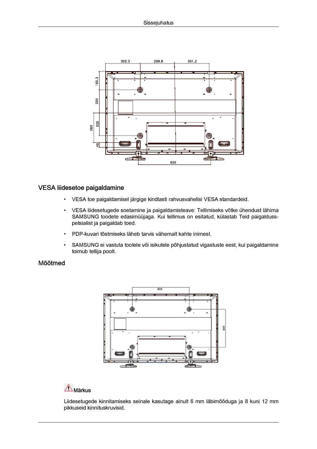 Samsung PH63KPFLBF/EN, PH50KPPLBF/EN manual Vesa liidesetoe paigaldamine, Mõõtmed 