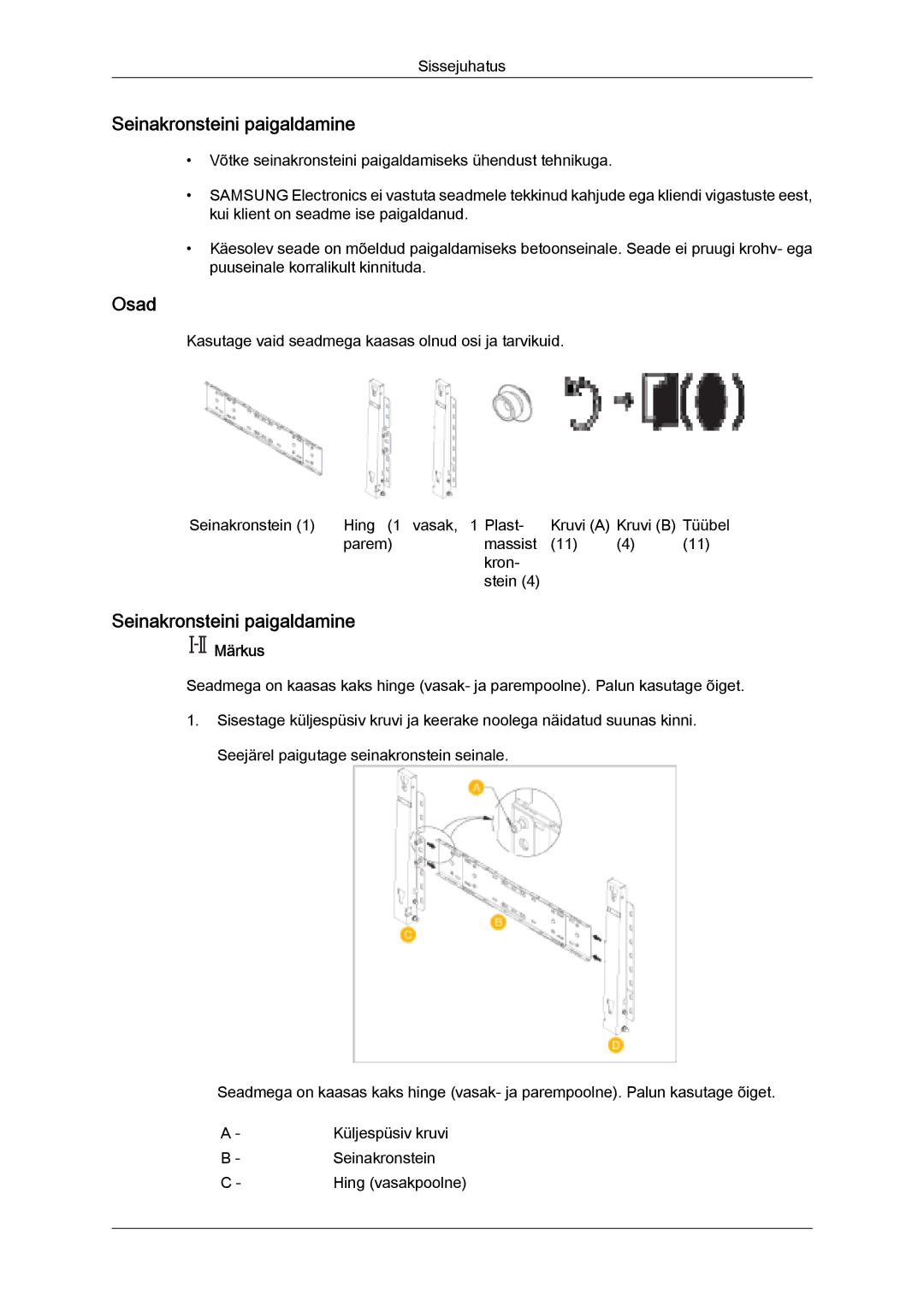 Samsung PH50KPPLBF/EN, PH63KPFLBF/EN manual Seinakronsteini paigaldamine, Osad 