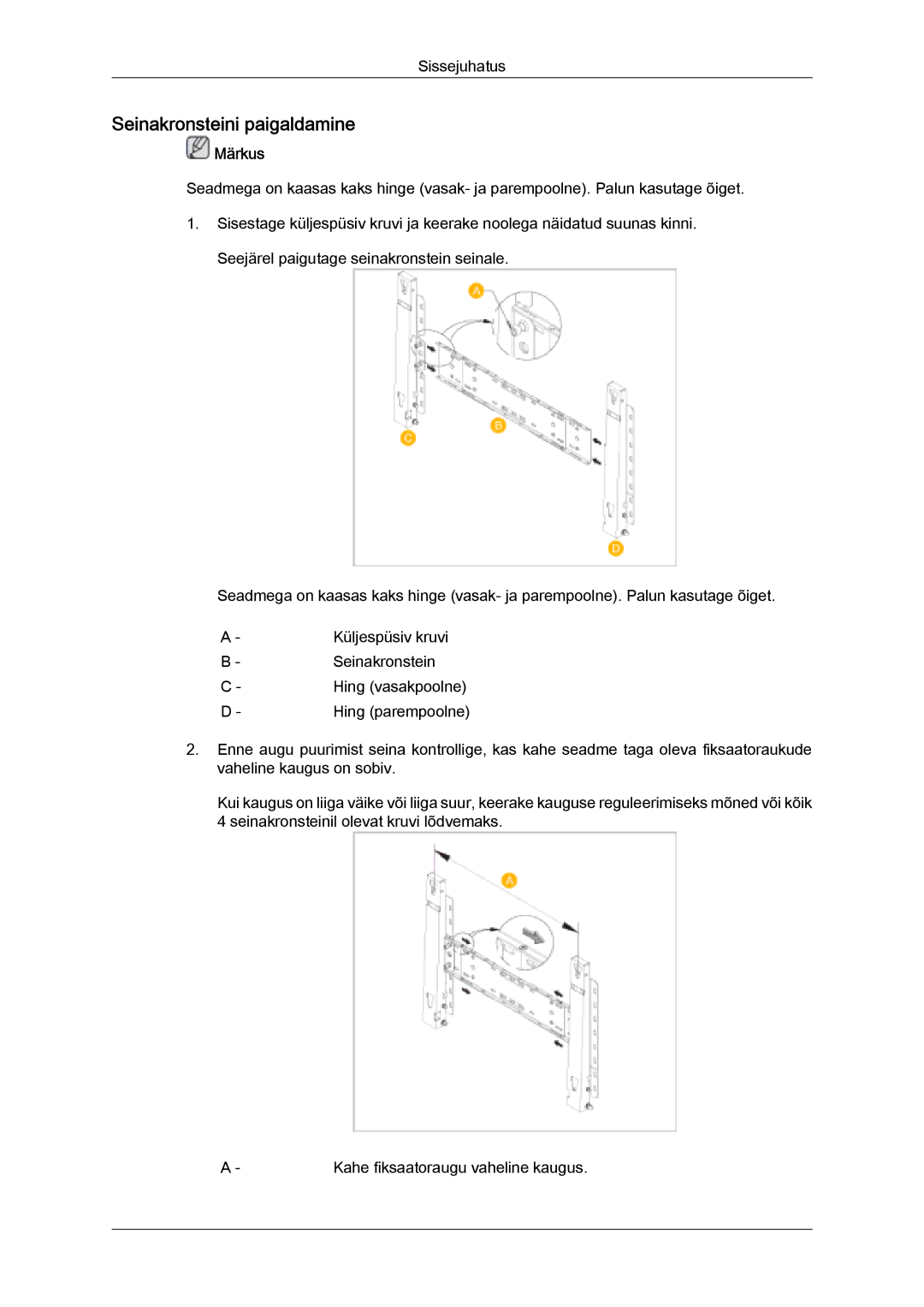 Samsung PH63KPFLBF/EN, PH50KPPLBF/EN manual Seinakronsteini paigaldamine 