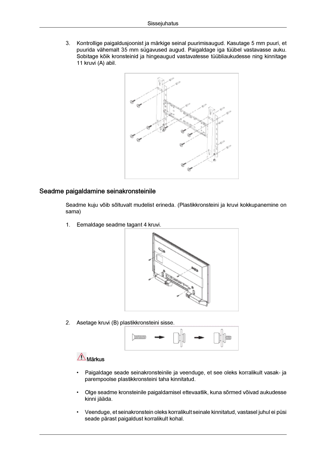 Samsung PH50KPPLBF/EN, PH63KPFLBF/EN manual Seadme paigaldamine seinakronsteinile 