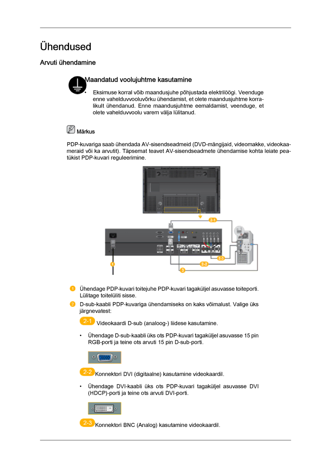 Samsung PH63KPFLBF/EN, PH50KPPLBF/EN manual Ühendused, Arvuti ühendamine Maandatud voolujuhtme kasutamine 