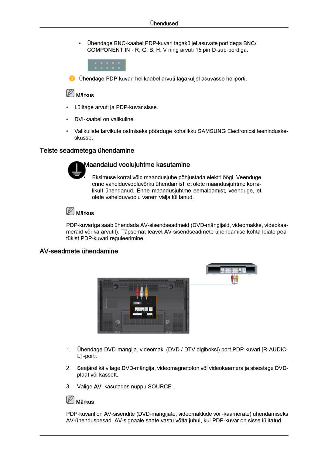 Samsung PH50KPPLBF/EN, PH63KPFLBF/EN manual AV-seadmete ühendamine 