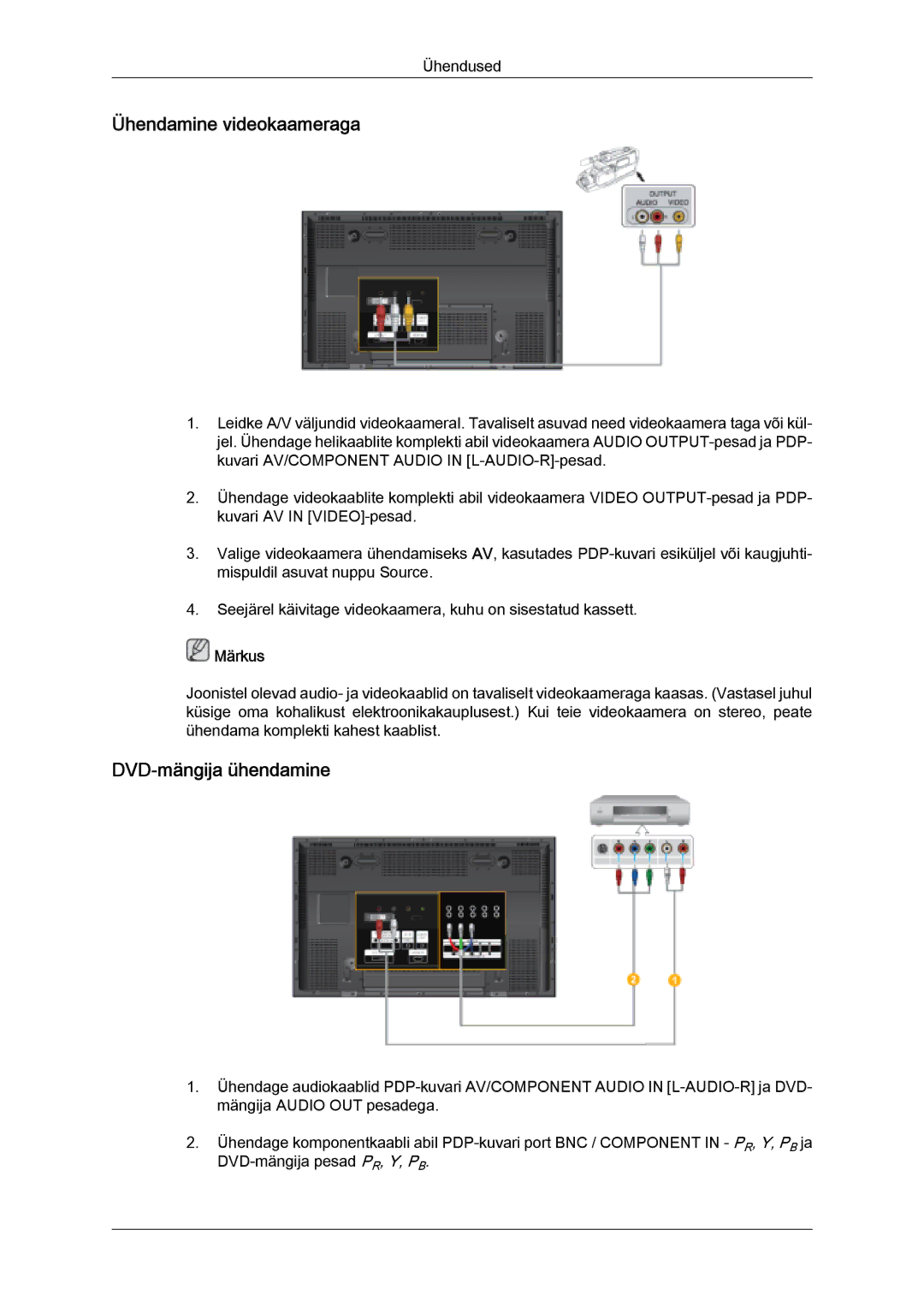 Samsung PH63KPFLBF/EN, PH50KPPLBF/EN manual Ühendamine videokaameraga, DVD-mängija ühendamine 