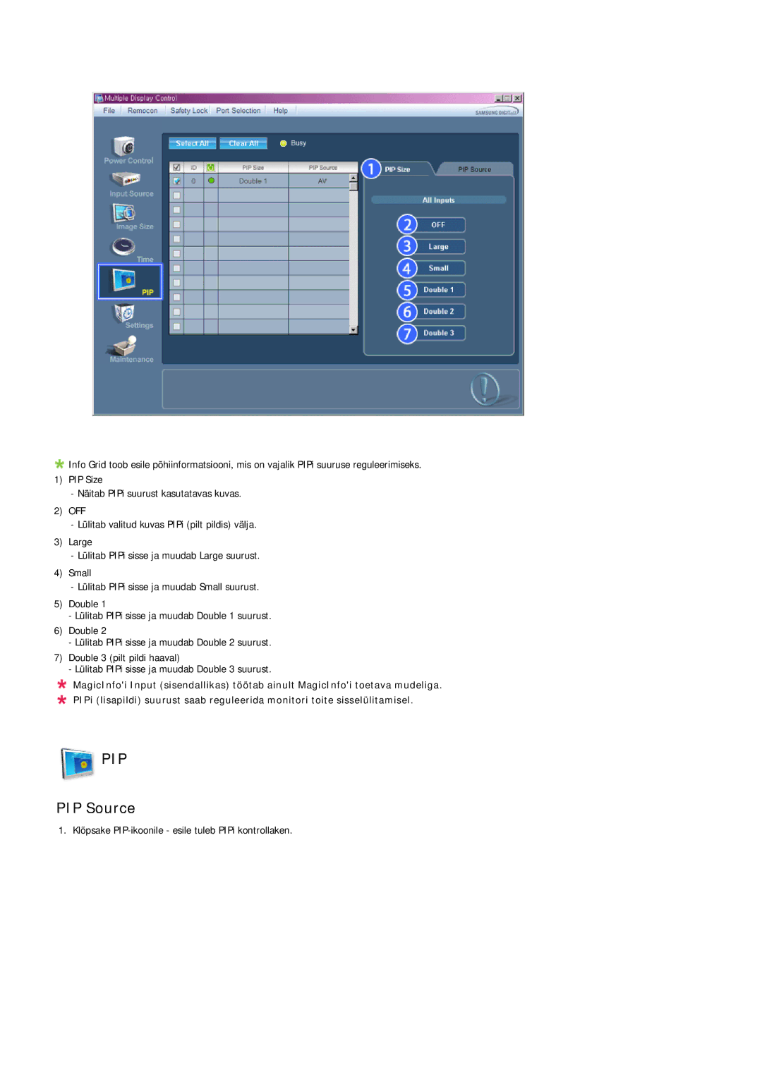 Samsung PH63KPFLBF/EN, PH50KPPLBF/EN manual PIP Source 