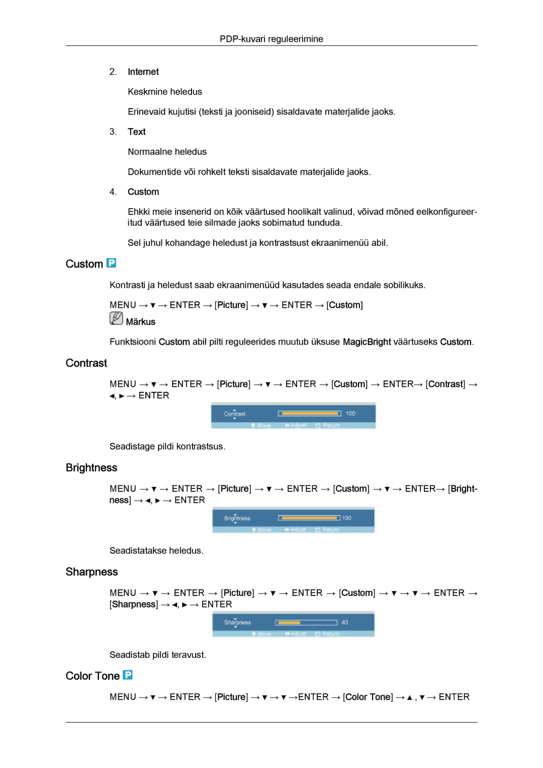 Samsung PH63KPFLBF/EN, PH50KPPLBF/EN manual Custom, Contrast, Brightness, Sharpness, Color Tone 