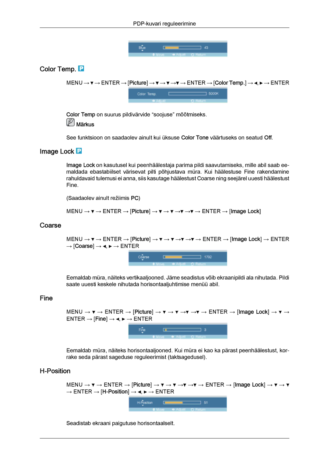 Samsung PH63KPFLBF/EN, PH50KPPLBF/EN manual Color Temp, Image Lock, Coarse, Fine, Position 
