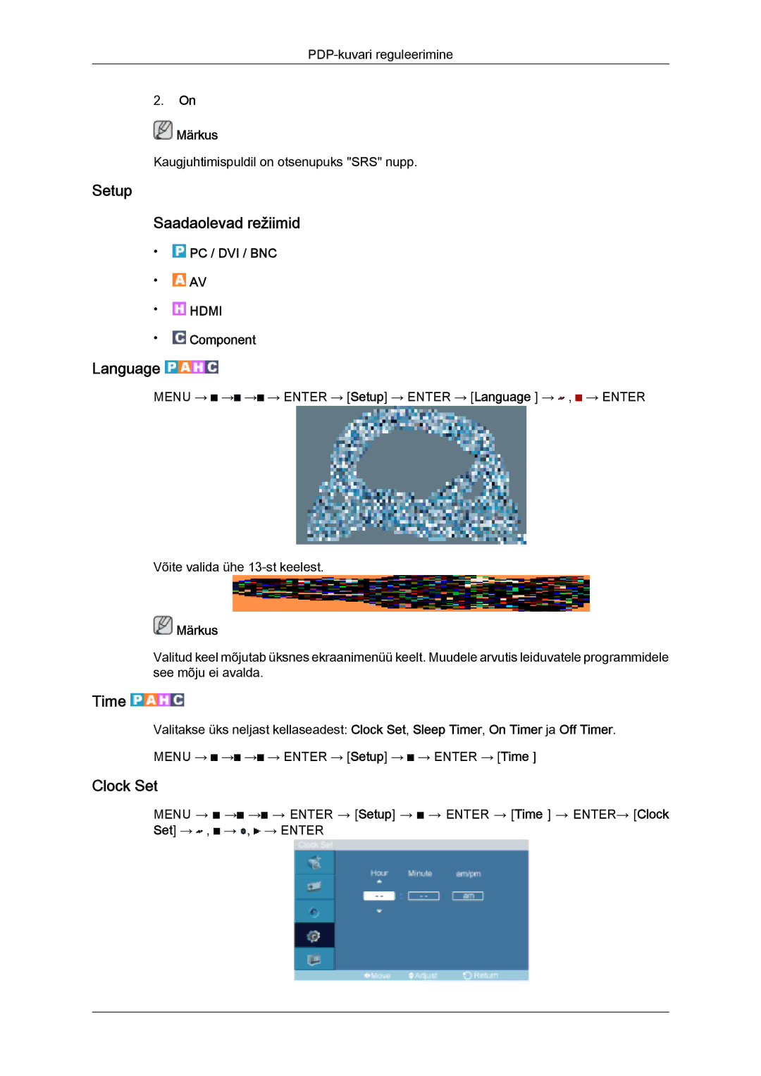 Samsung PH50KPPLBF/EN, PH63KPFLBF/EN manual Setup Saadaolevad režiimid, Language, Time, Clock Set 