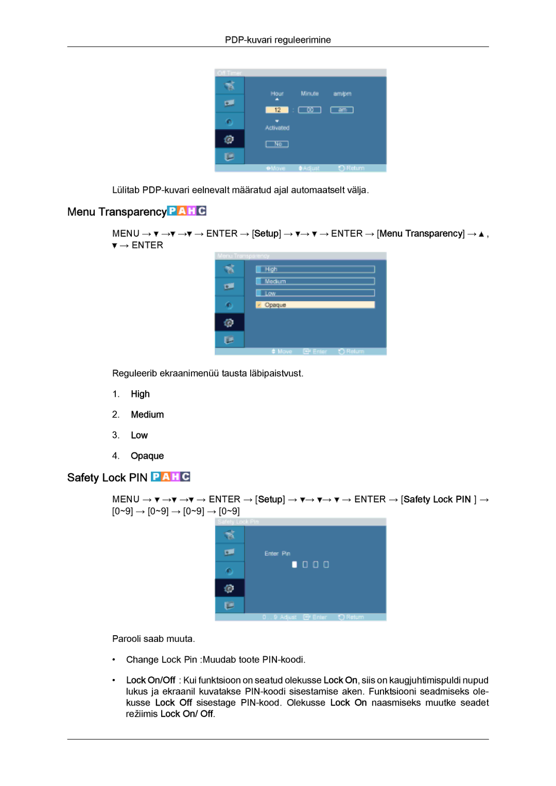 Samsung PH50KPPLBF/EN, PH63KPFLBF/EN manual Menu Transparency, Safety Lock PIN, High Medium Low Opaque 