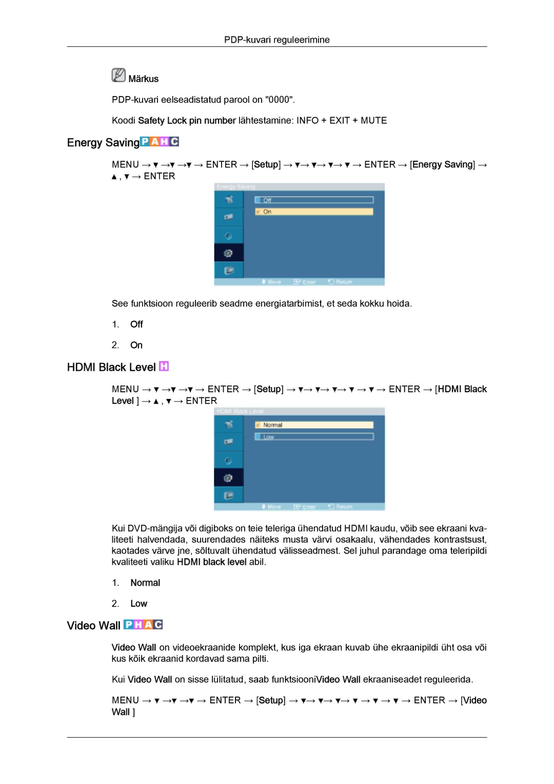 Samsung PH63KPFLBF/EN, PH50KPPLBF/EN manual Energy Saving, Hdmi Black Level, Video Wall, Normal Low 