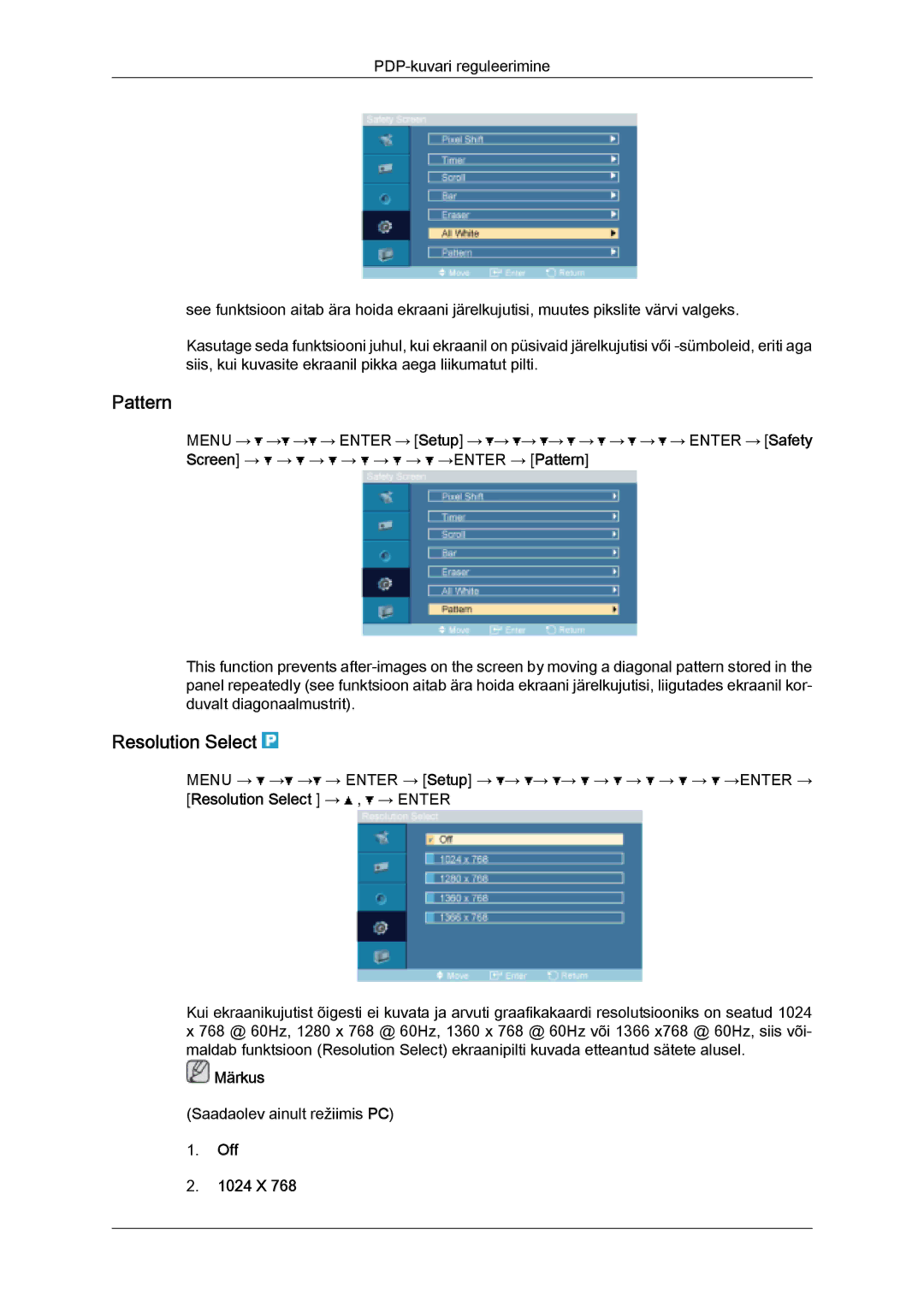 Samsung PH50KPPLBF/EN, PH63KPFLBF/EN manual Pattern, Resolution Select, Off 1024 X 