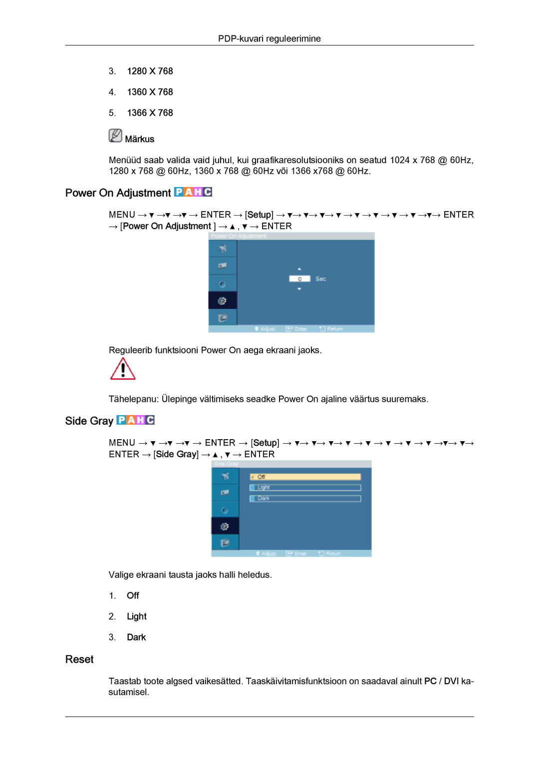 Samsung PH63KPFLBF/EN, PH50KPPLBF/EN manual Power On Adjustment, Side Gray, Reset 