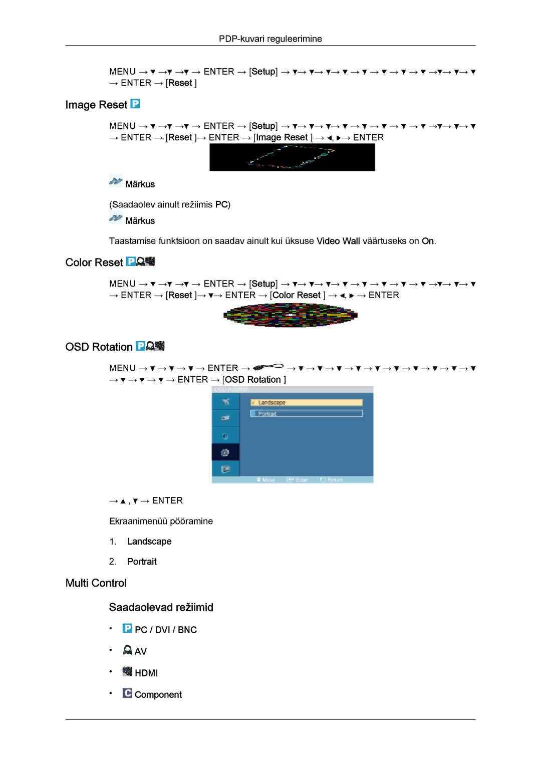 Samsung PH50KPPLBF/EN, PH63KPFLBF/EN manual Image Reset, Color Reset, OSD Rotation, Multi Control Saadaolevad režiimid 
