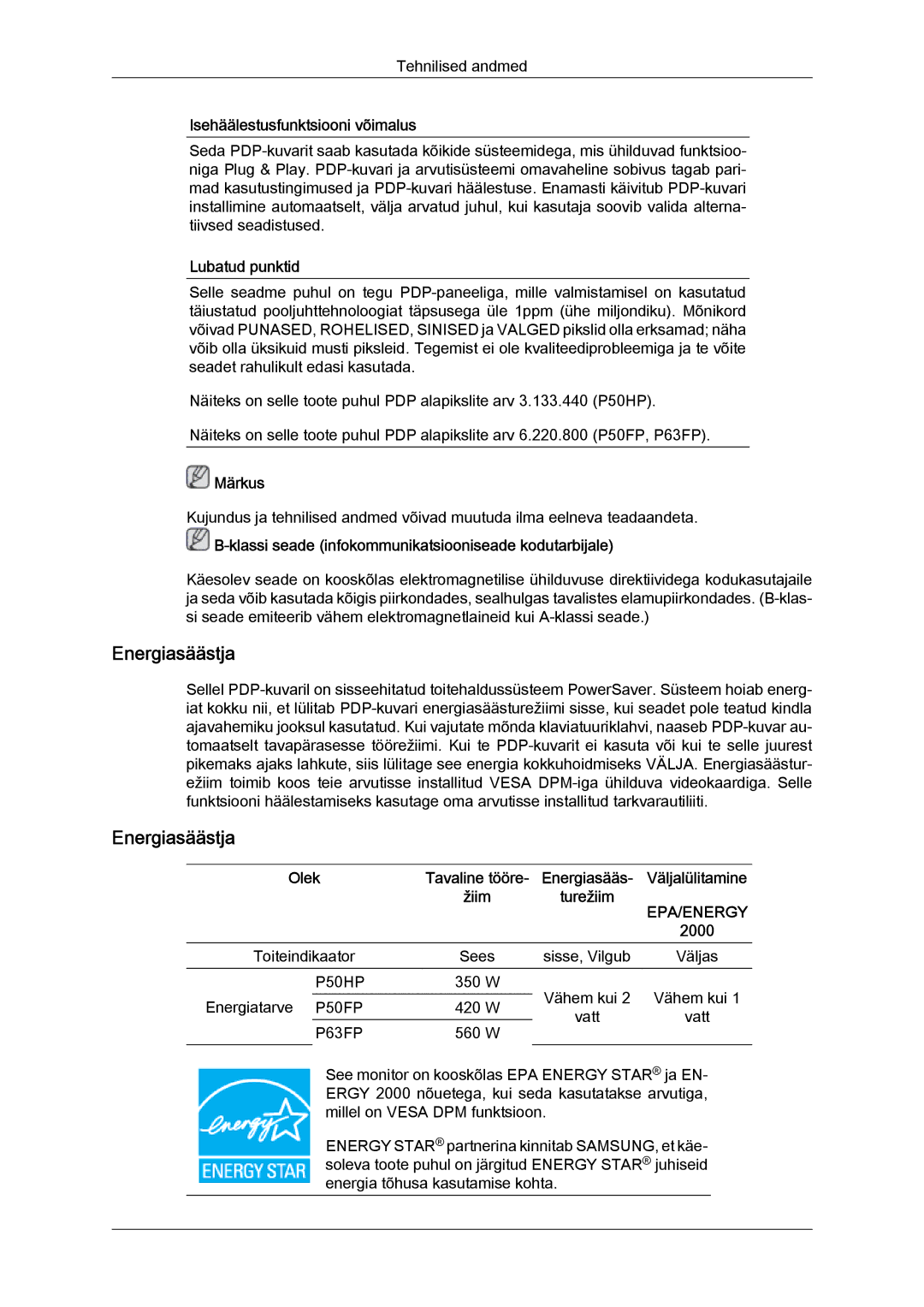 Samsung PH50KPPLBF/EN, PH63KPFLBF/EN manual Energiasäästja, Isehäälestusfunktsiooni võimalus, Lubatud punktid 