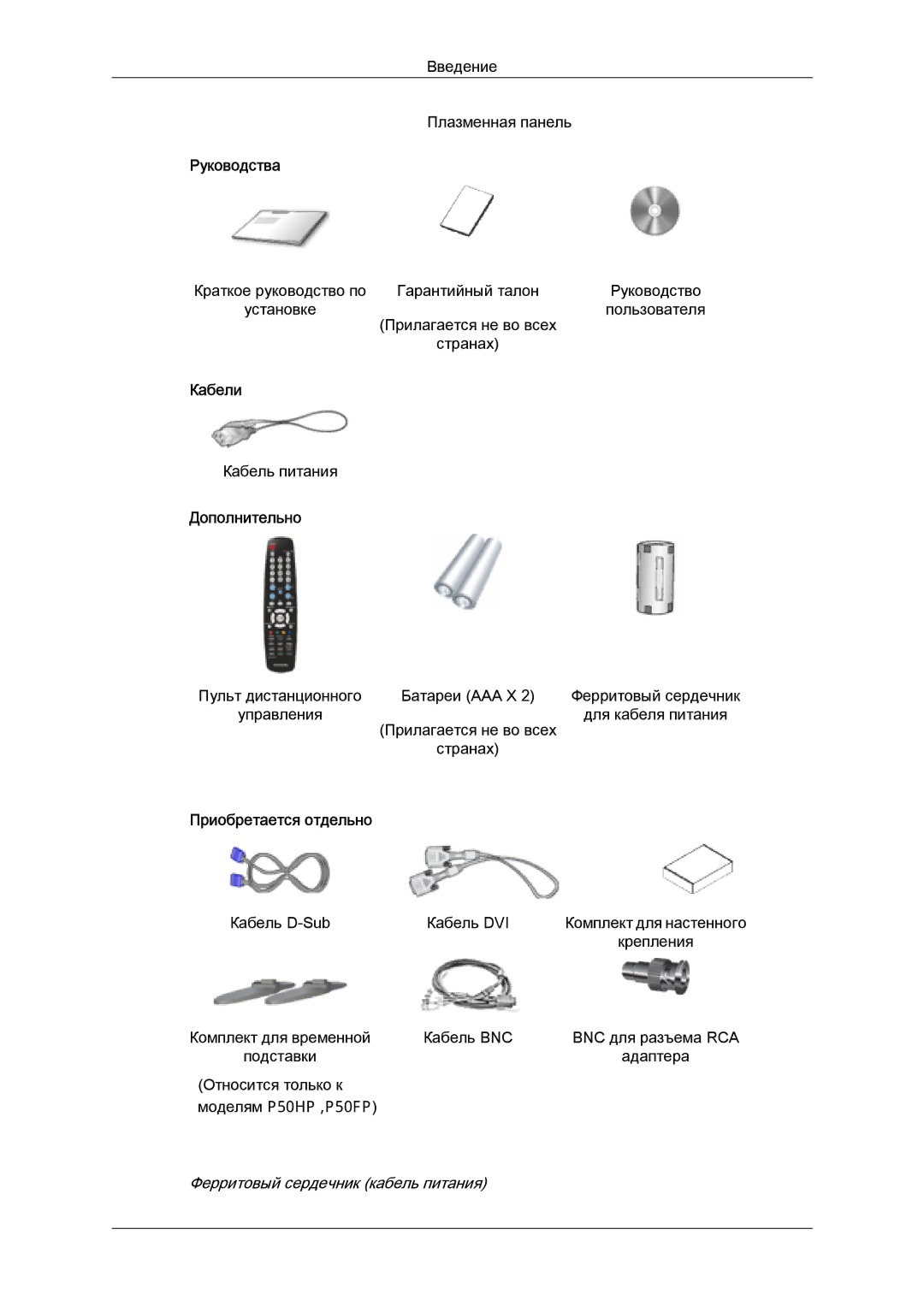 Samsung PH50KPPLBF/EN, PH63KPFLBF/EN manual Руководства, Кабели, Дополнительно, Ферритовый сердечник кабель питания 