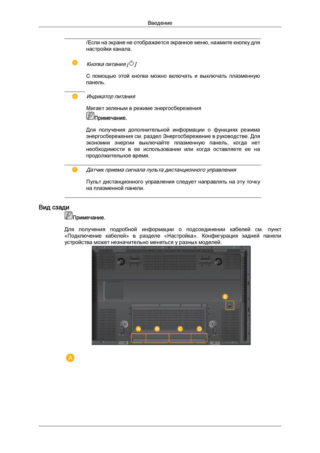 Samsung PH50KPPLBF/EN Вид сзади, Кнопка питания, Индикатор питания, Датчик приема сигнала пульта дистанционного управления 