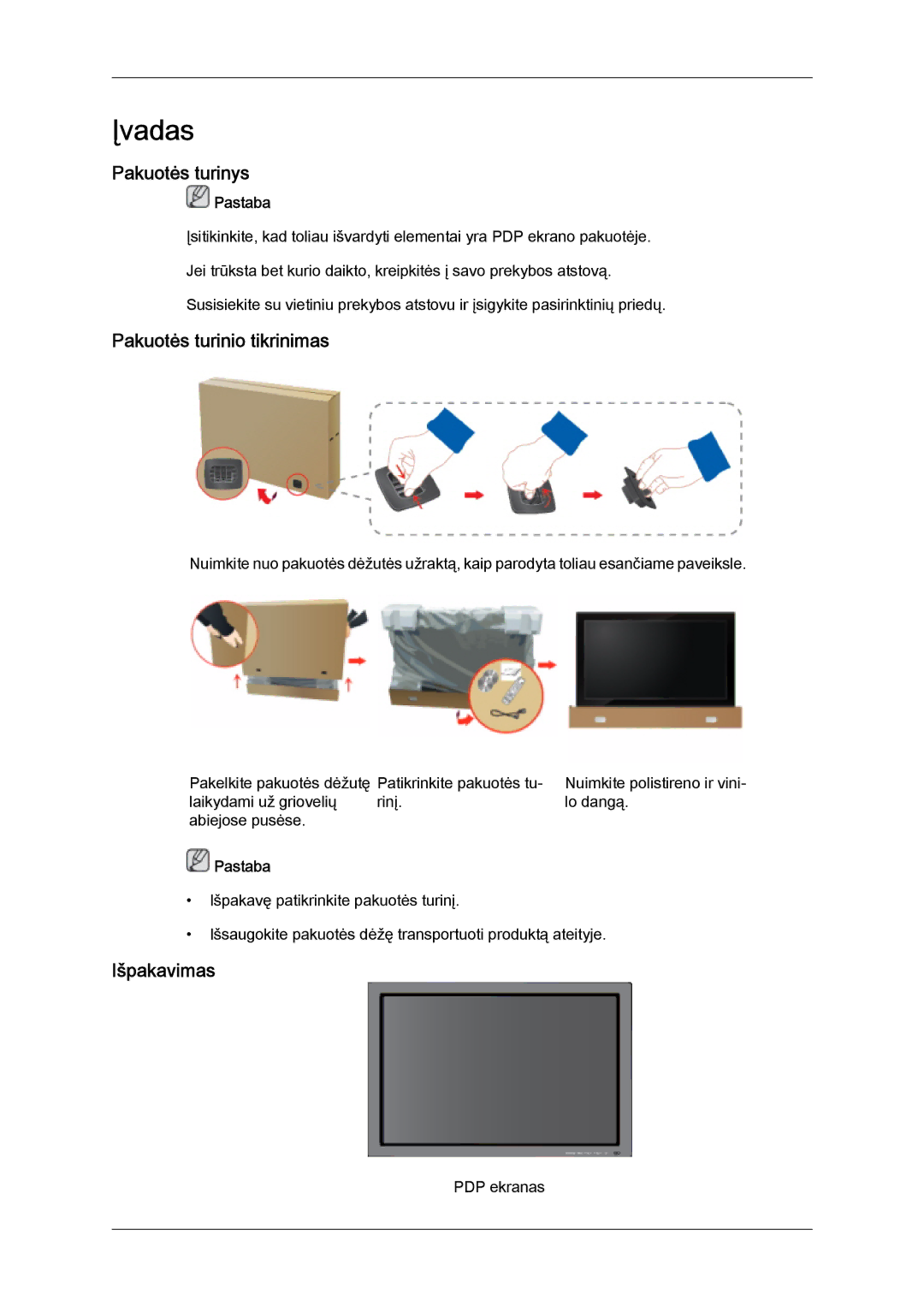 Samsung PH63KPFLBF/EN, PH50KPPLBF/EN manual Pakuotės turinys, Pakuotės turinio tikrinimas, Išpakavimas 