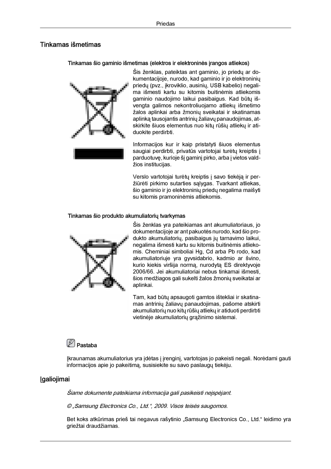 Samsung PH63KPFLBF/EN, PH50KPPLBF/EN manual Tinkamas išmetimas, Įgaliojimai, Tinkamas šio produkto akumuliatorių tvarkymas 