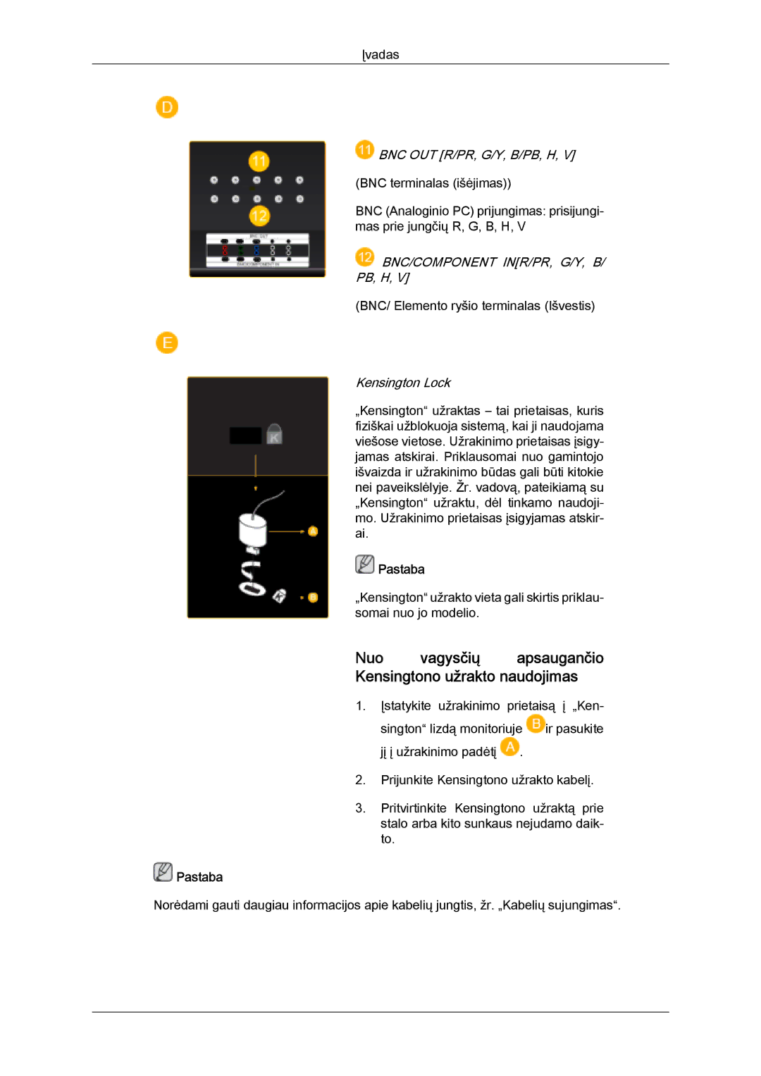 Samsung PH50KPPLBF/EN, PH63KPFLBF/EN Nuo vagysčių apsaugančio Kensingtono užrakto naudojimas, Bnc Out R/Pr, G/Y, B/Pb, H 