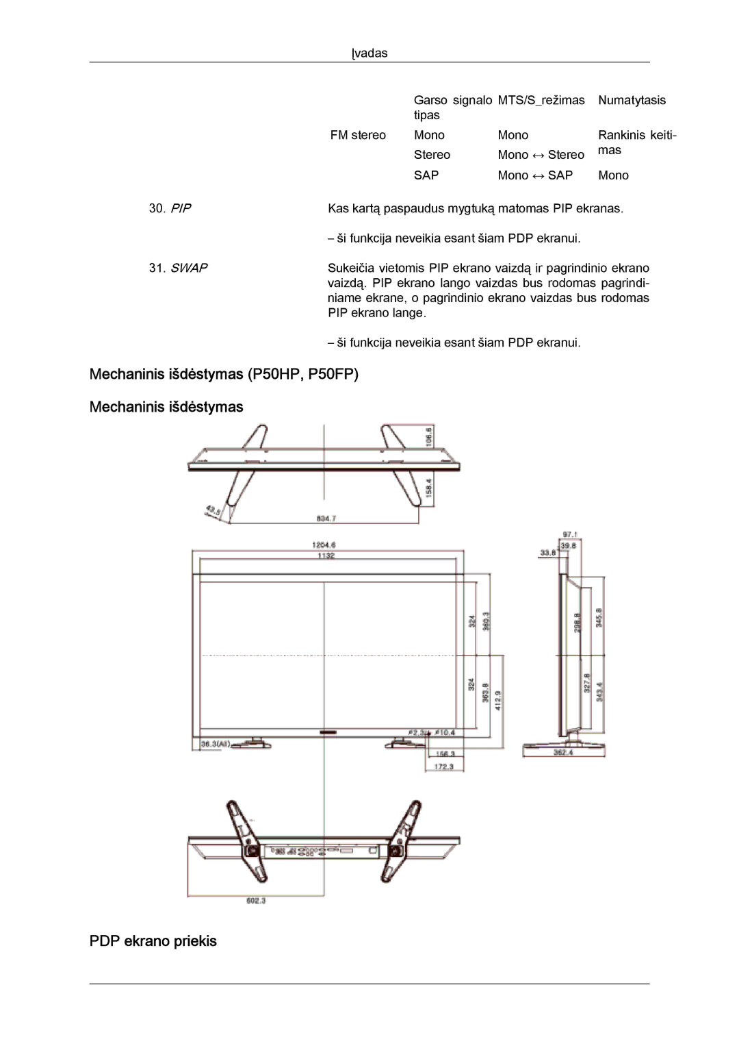 Samsung PH50KPPLBF/EN, PH63KPFLBF/EN manual Mechaninis išdėstymas P50HP, P50FP PDP ekrano priekis, Sap 