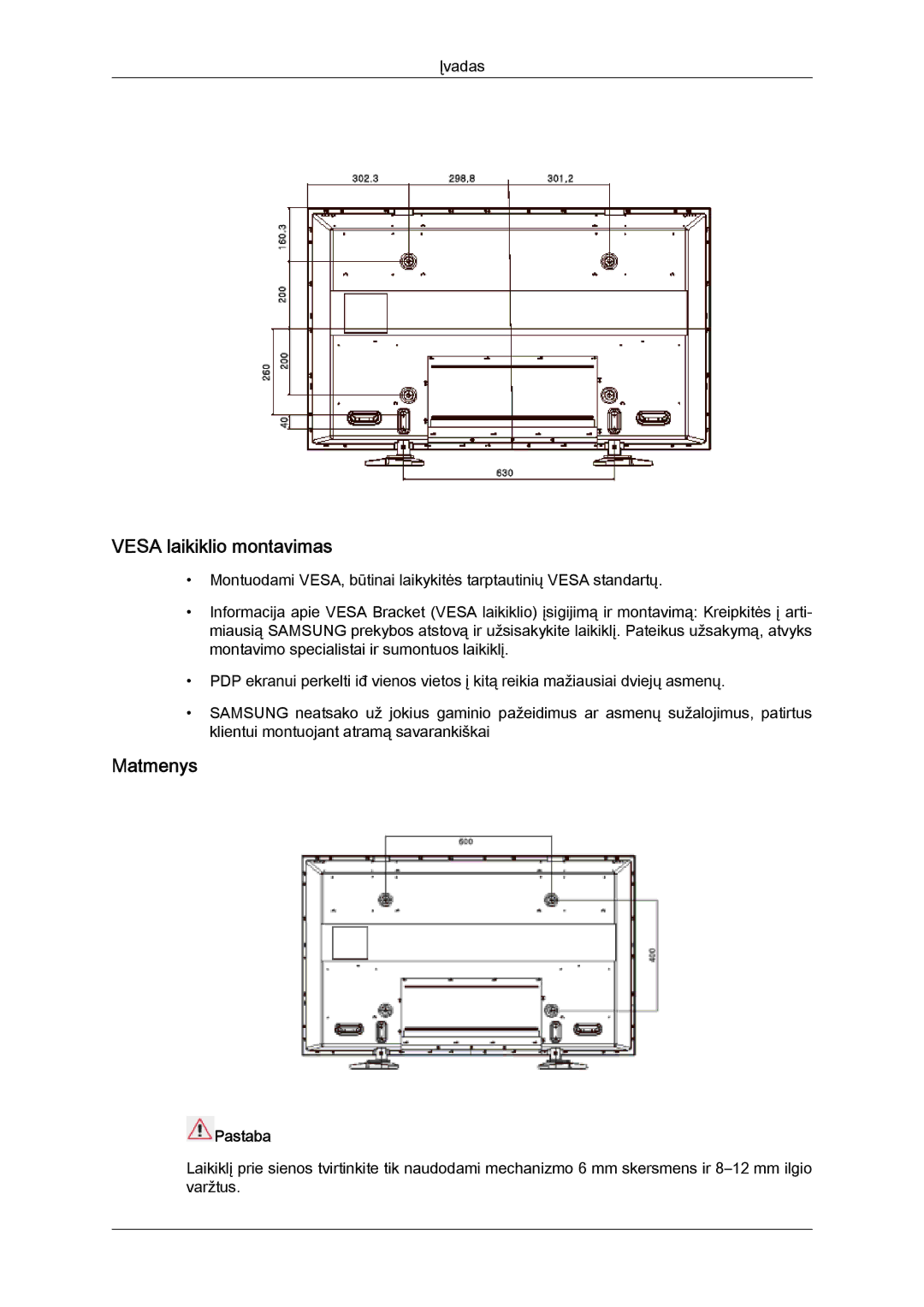 Samsung PH63KPFLBF/EN, PH50KPPLBF/EN manual Vesa laikiklio montavimas, Matmenys 