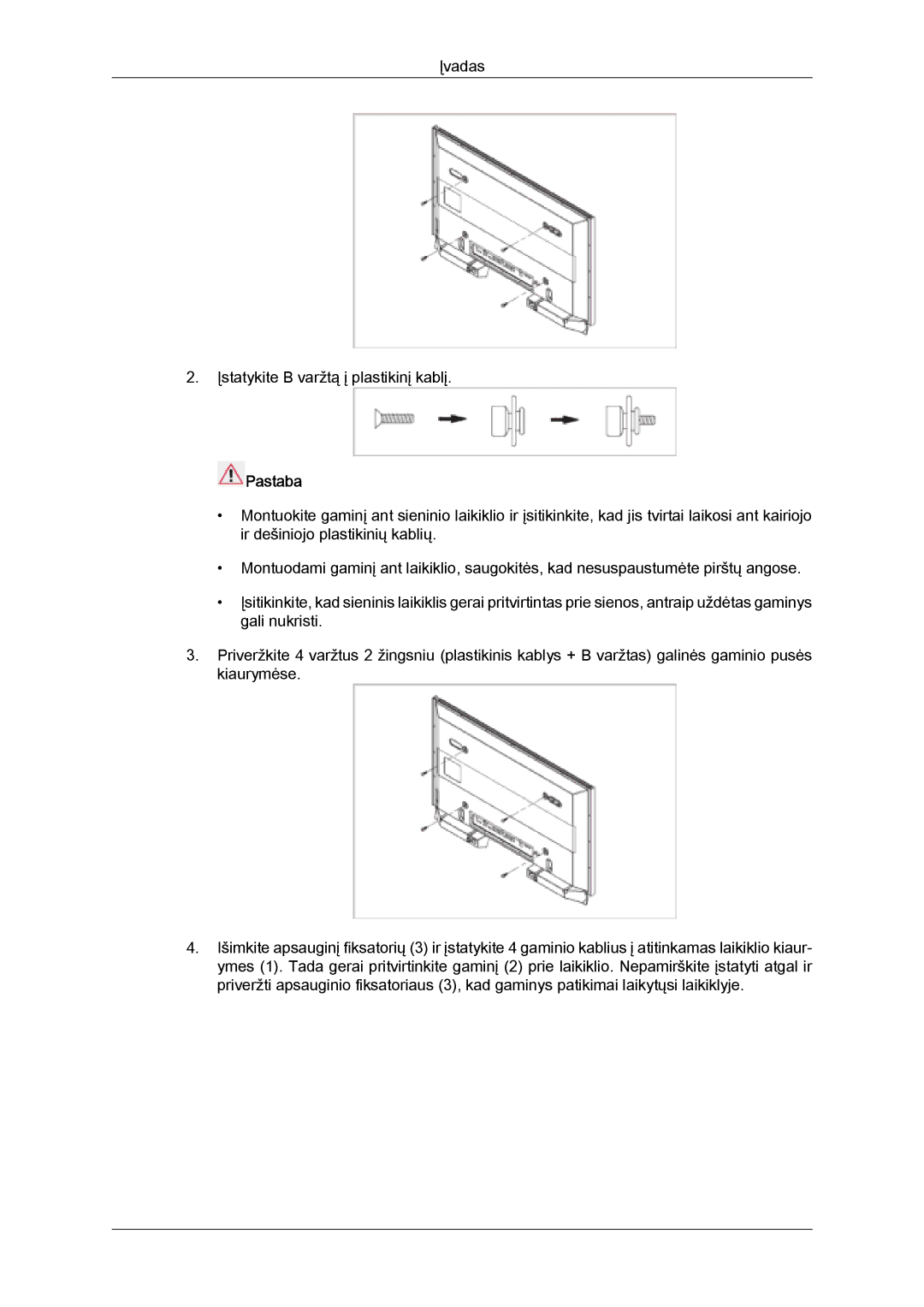 Samsung PH50KPPLBF/EN, PH63KPFLBF/EN manual Įvadas Įstatykite B varžtą į plastikinį kablį 