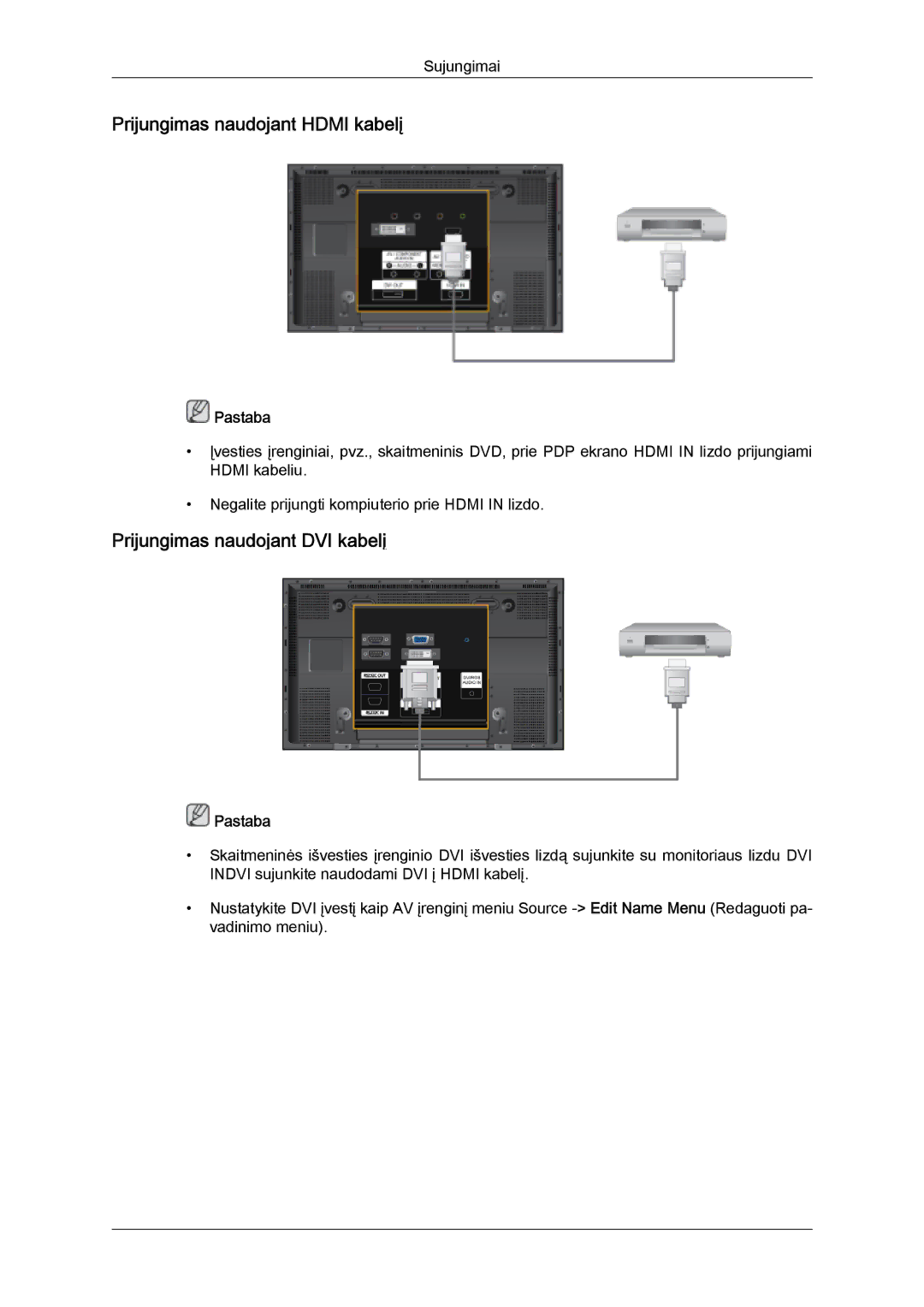 Samsung PH63KPFLBF/EN, PH50KPPLBF/EN manual Prijungimas naudojant Hdmi kabelį, Prijungimas naudojant DVI kabelį 