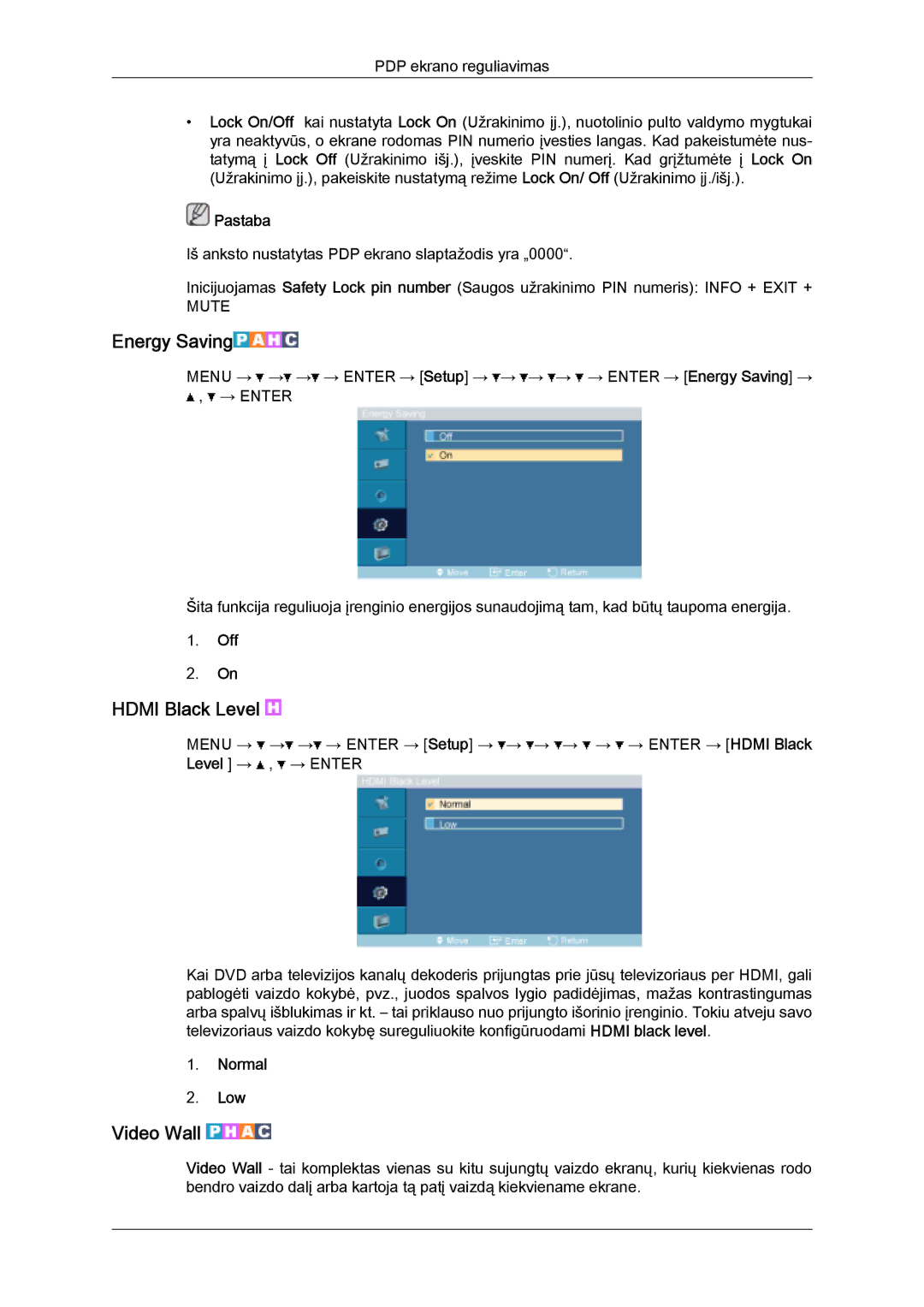 Samsung PH50KPPLBF/EN, PH63KPFLBF/EN manual Energy Saving, Hdmi Black Level, Video Wall, Normal Low 