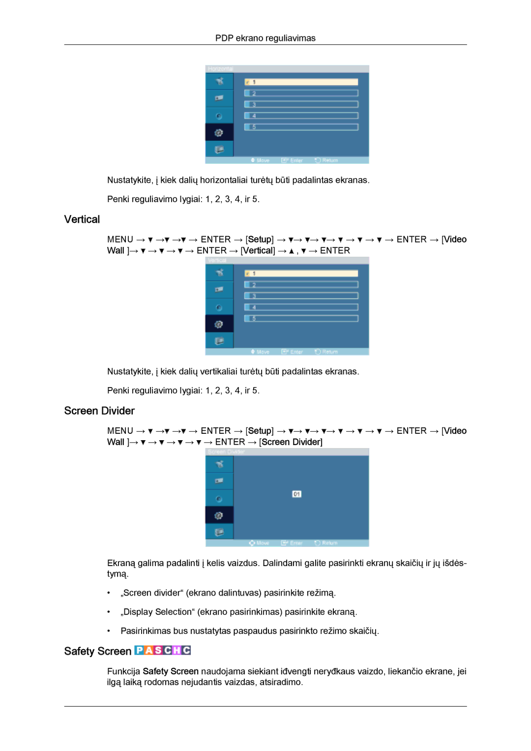 Samsung PH50KPPLBF/EN, PH63KPFLBF/EN manual Vertical, Screen Divider, Safety Screen 