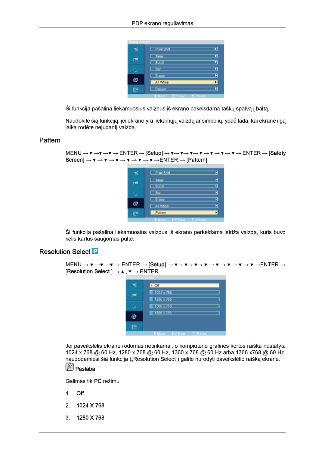 Samsung PH63KPFLBF/EN, PH50KPPLBF/EN manual Pattern, Resolution Select → , → Enter, Off 1024 X 1280 X 