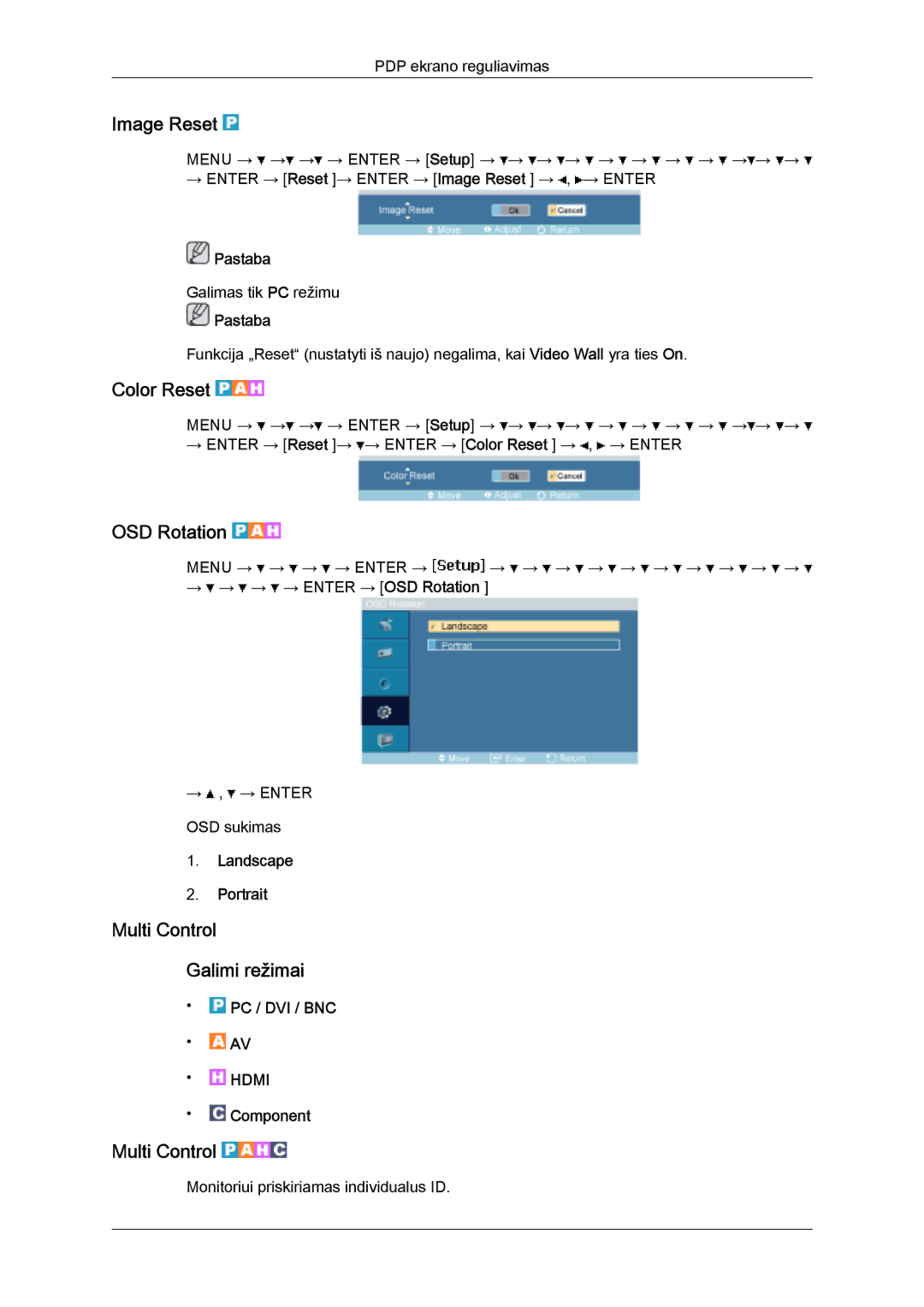 Samsung PH63KPFLBF/EN, PH50KPPLBF/EN manual Image Reset, Color Reset, OSD Rotation, Multi Control Galimi režimai 
