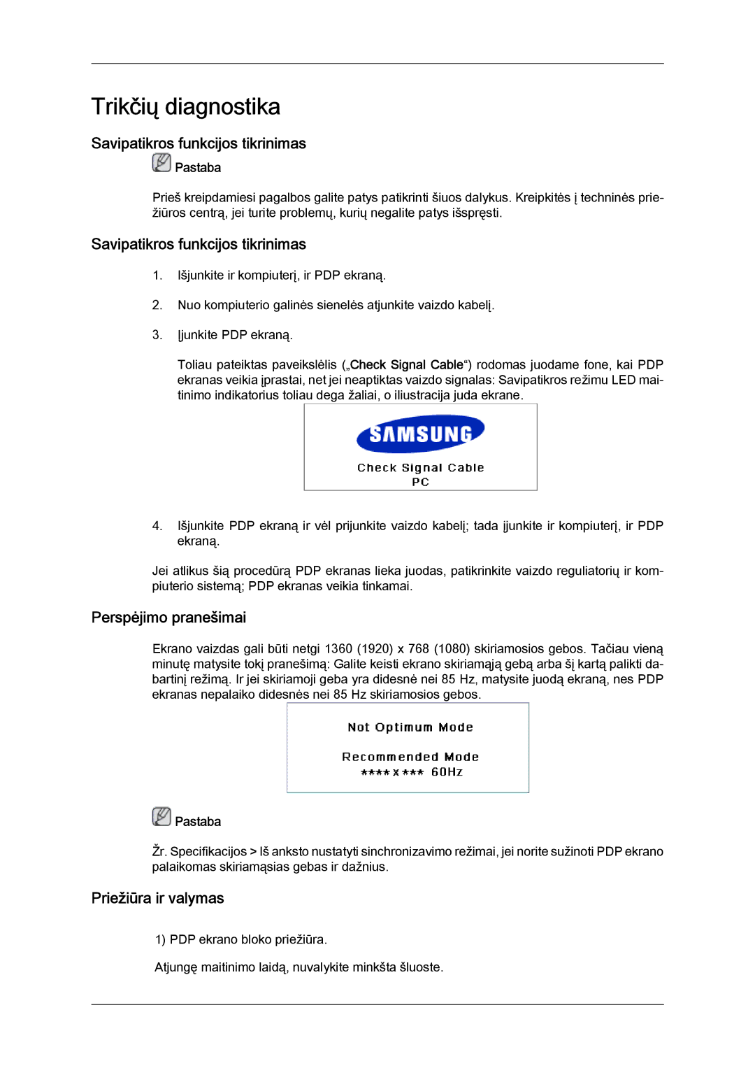 Samsung PH63KPFLBF/EN, PH50KPPLBF/EN manual Savipatikros funkcijos tikrinimas, Perspėjimo pranešimai, Priežiūra ir valymas 