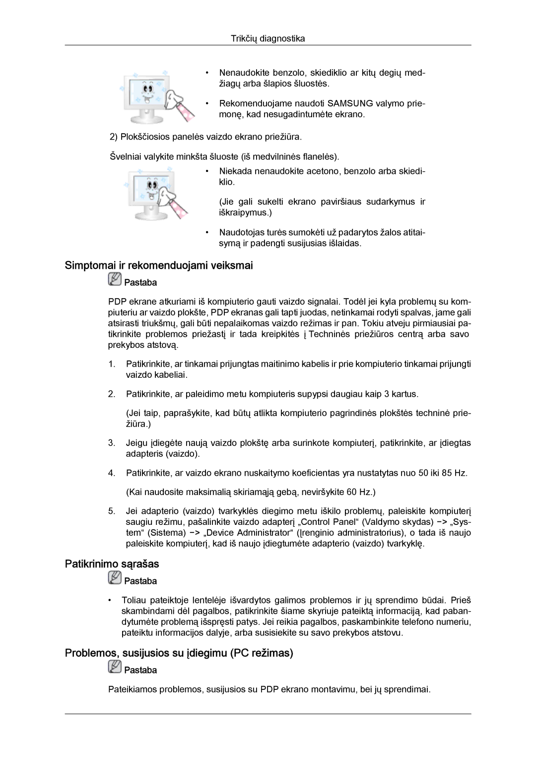 Samsung PH50KPPLBF/EN, PH63KPFLBF/EN manual Simptomai ir rekomenduojami veiksmai, Patikrinimo sąrašas 