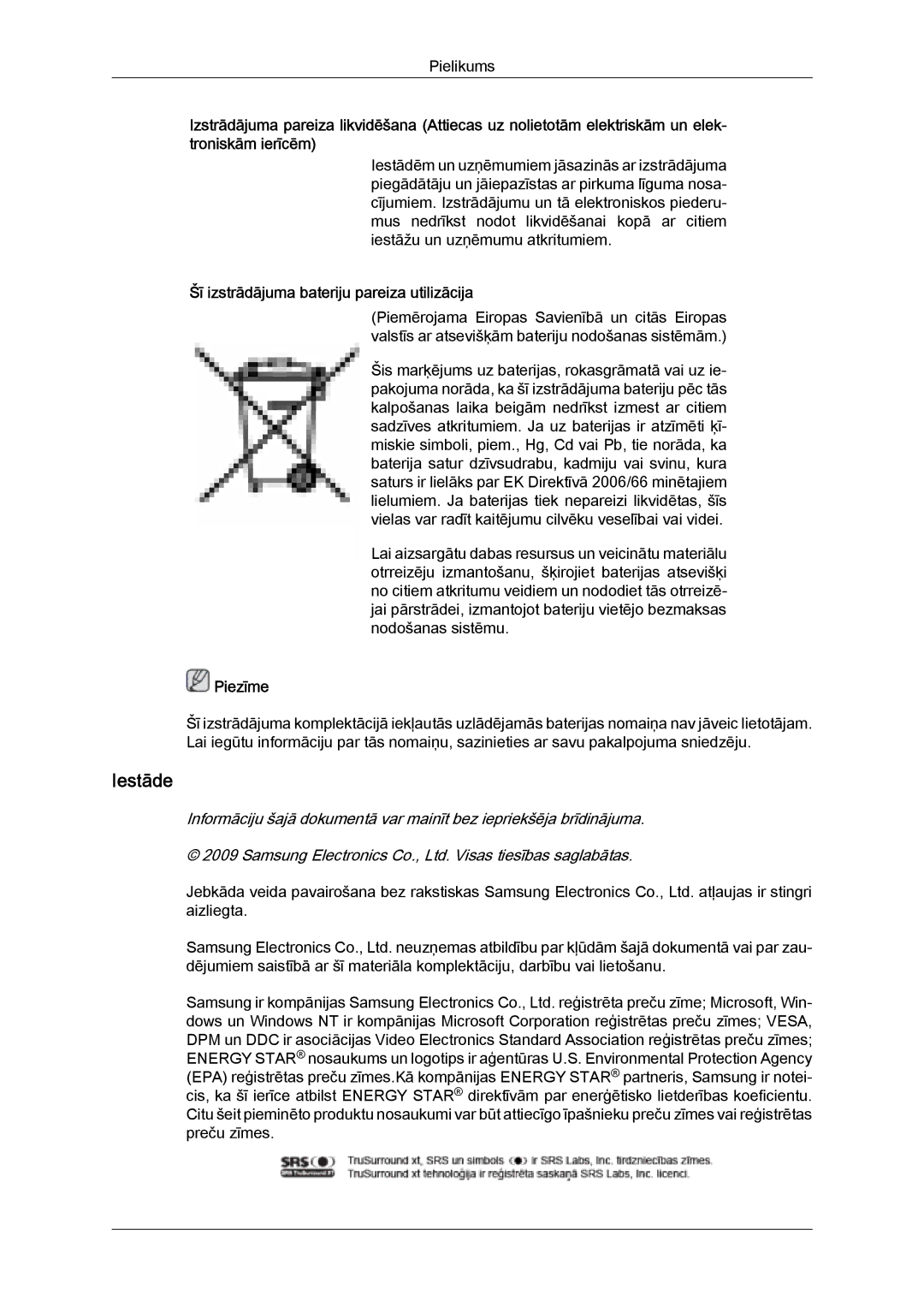 Samsung PH63KPFLBF/EN, PH50KPPLBF/EN manual Iestāde, Šī izstrādājuma bateriju pareiza utilizācija 