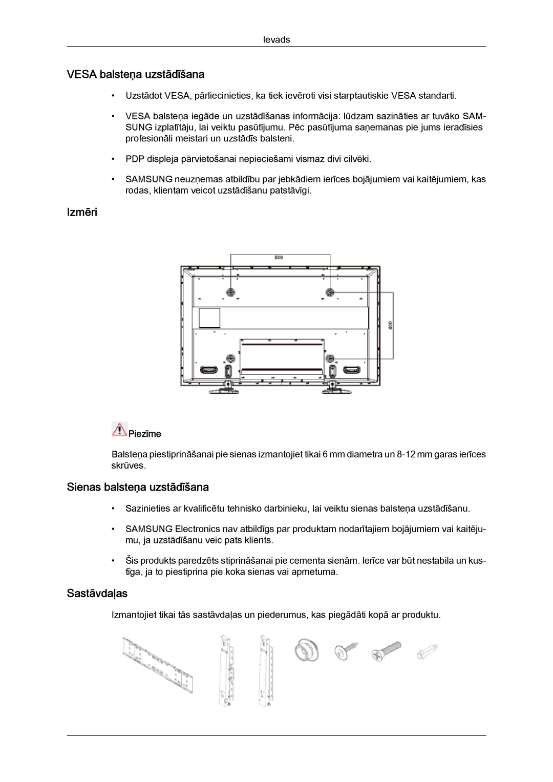 Samsung PH50KPPLBF/EN, PH63KPFLBF/EN manual Vesa balsteņa uzstādīšana, Izmēri, Sienas balsteņa uzstādīšana, Sastāvdaļas 