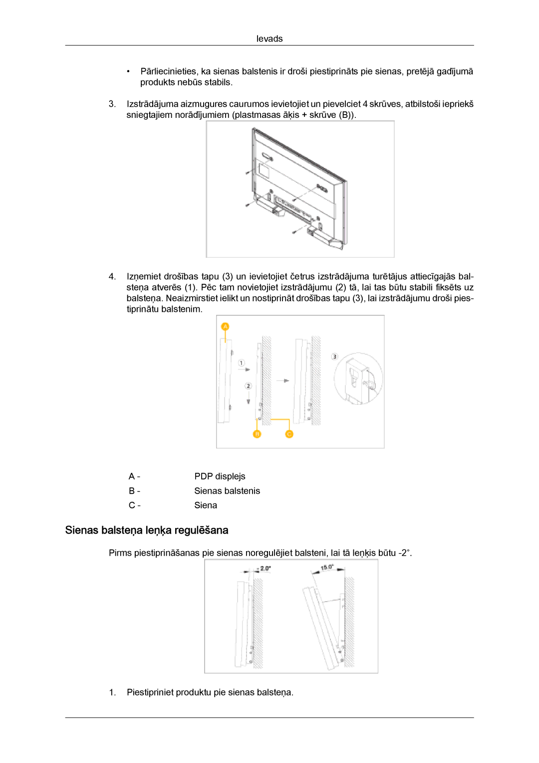 Samsung PH63KPFLBF/EN, PH50KPPLBF/EN manual Sienas balsteņa leņķa regulēšana 