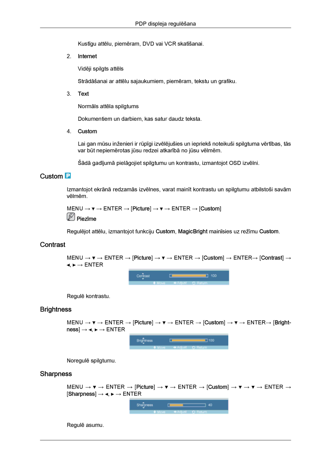 Samsung PH50KPPLBF/EN, PH63KPFLBF/EN manual Custom, Contrast, Brightness, Sharpness 