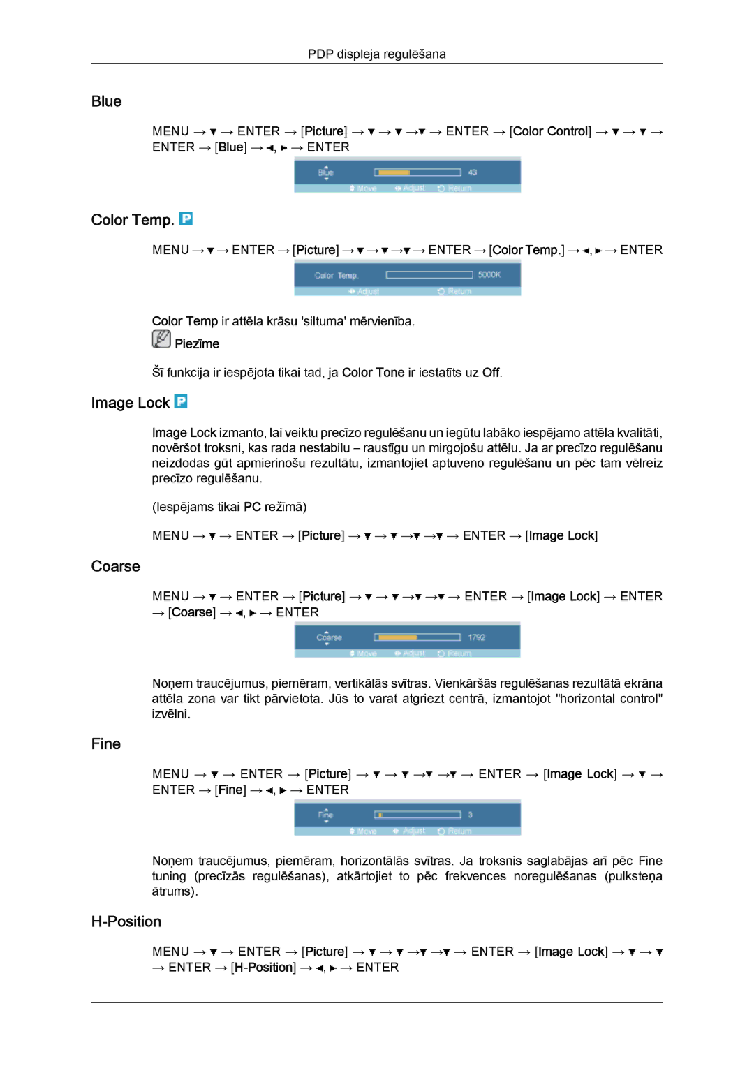 Samsung PH50KPPLBF/EN, PH63KPFLBF/EN manual Blue, Color Temp, Image Lock, Coarse, Fine, Position 