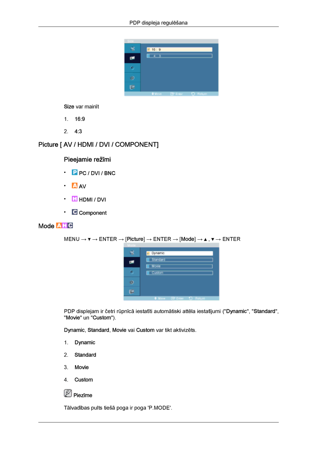 Samsung PH63KPFLBF/EN, PH50KPPLBF/EN manual Picture AV / Hdmi / DVI / Component Pieejamie režīmi, Mode 