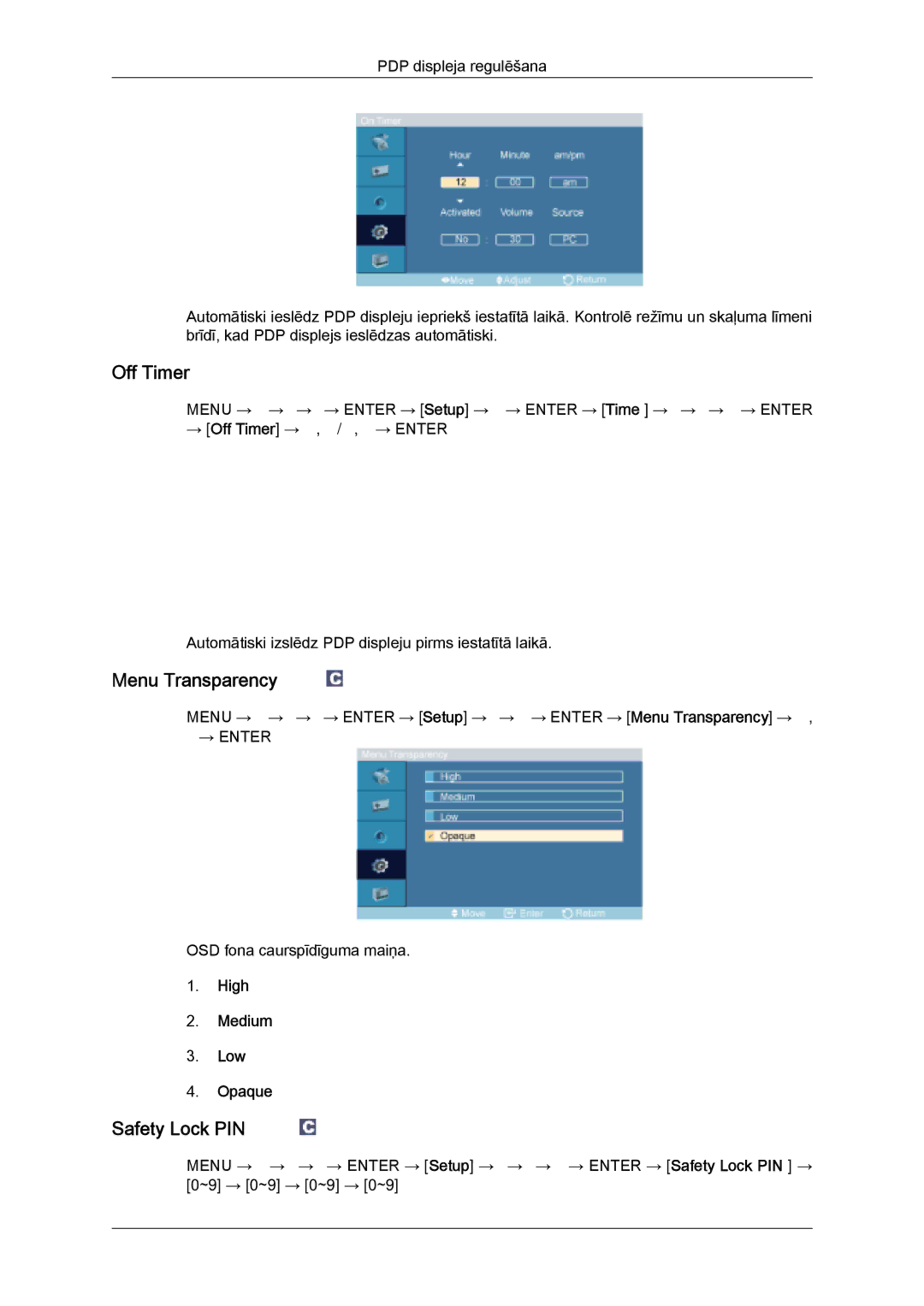 Samsung PH63KPFLBF/EN, PH50KPPLBF/EN manual Off Timer, Menu Transparency, Safety Lock PIN, High Medium Low Opaque 
