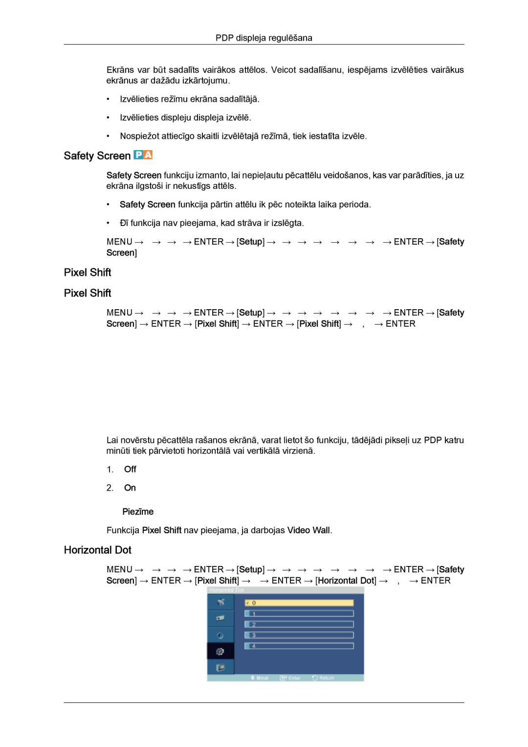 Samsung PH63KPFLBF/EN, PH50KPPLBF/EN manual Safety Screen, Pixel Shift, Horizontal Dot 