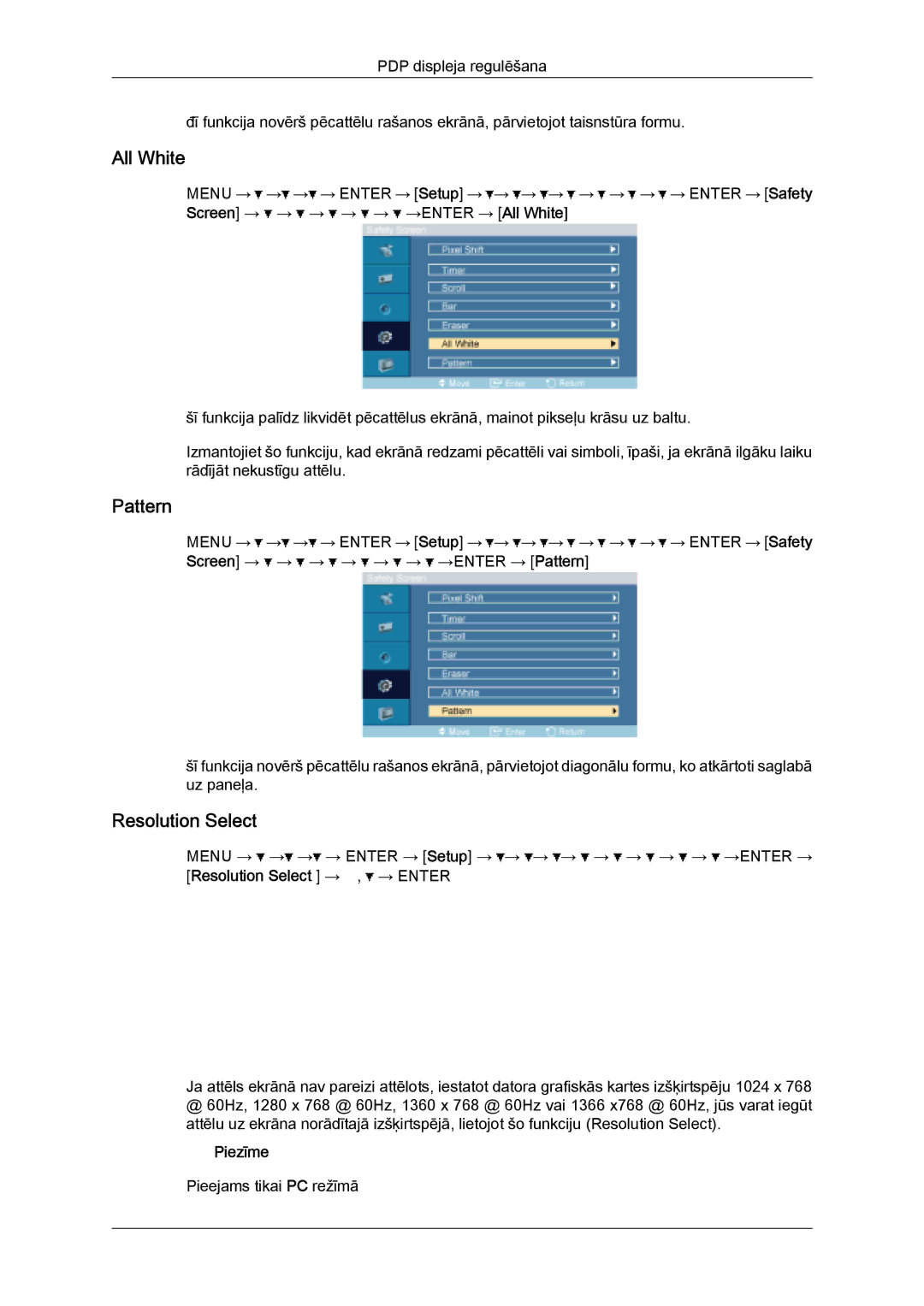 Samsung PH63KPFLBF/EN, PH50KPPLBF/EN manual All White, Pattern, Resolution Select 