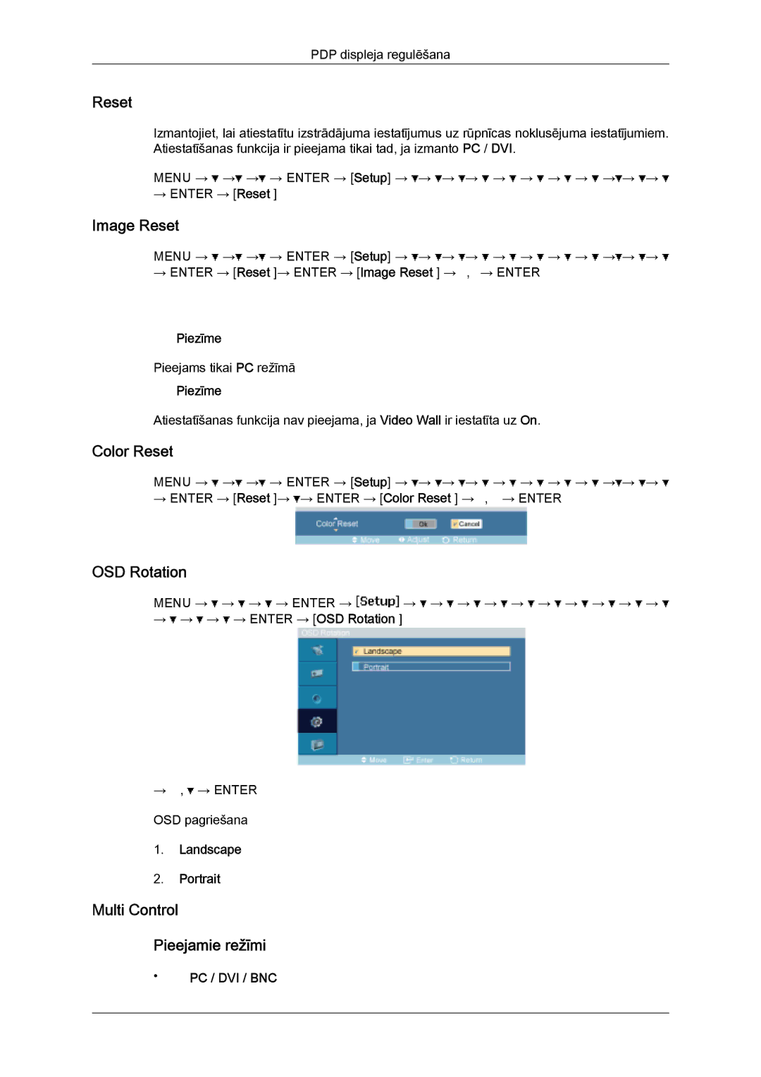 Samsung PH63KPFLBF/EN, PH50KPPLBF/EN manual Image Reset, Color Reset, OSD Rotation, Multi Control Pieejamie režīmi 