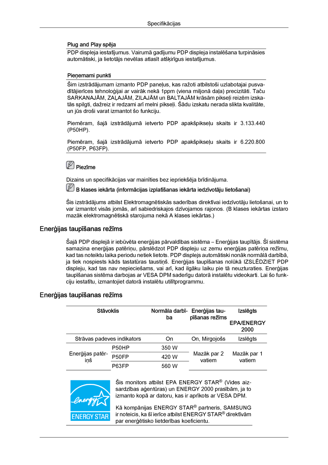 Samsung PH63KPFLBF/EN, PH50KPPLBF/EN manual Enerģijas taupīšanas režīms, Pieņemami punkti 